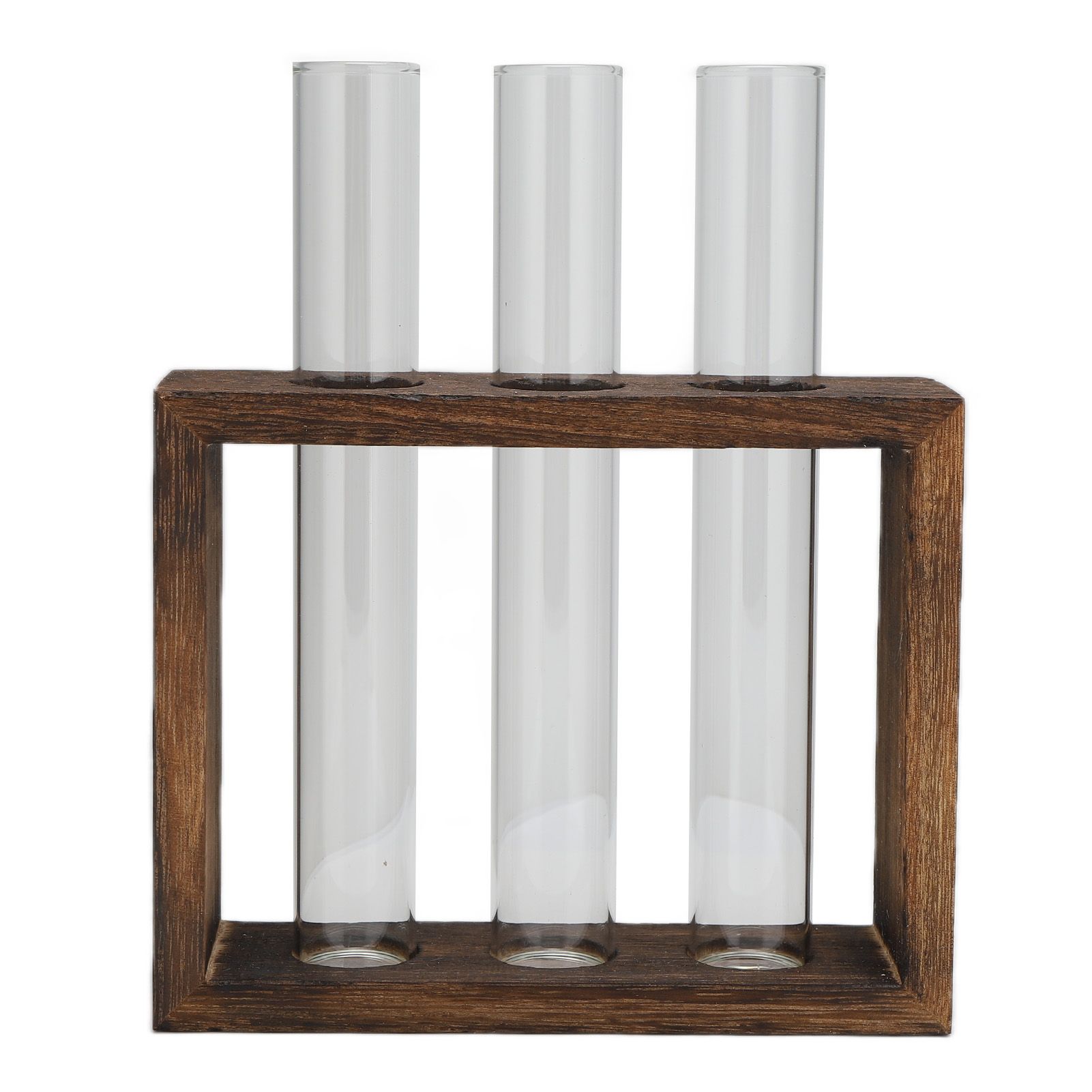Tabletop Glass Tube Vase High Borosilicate Glass Pine Wood Frame Retro Tube Plant Vase for Hydroponic Plants Home Decoration3 Bottles - Image 1
