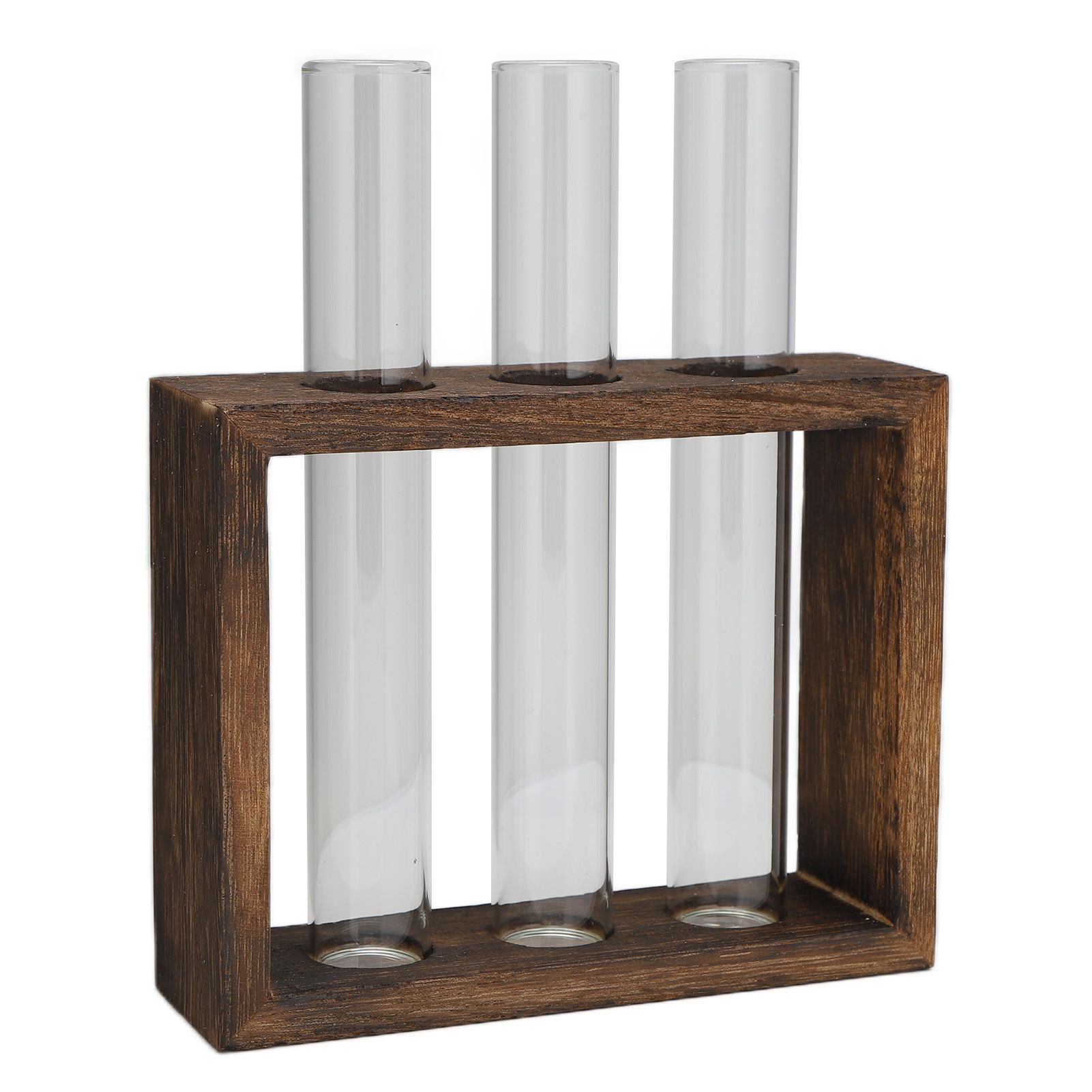 Tabletop Glass Tube Vase High Borosilicate Glass Pine Wood Frame Retro Tube Plant Vase for Hydroponic Plants Home Decoration3 Bottles - Image 2