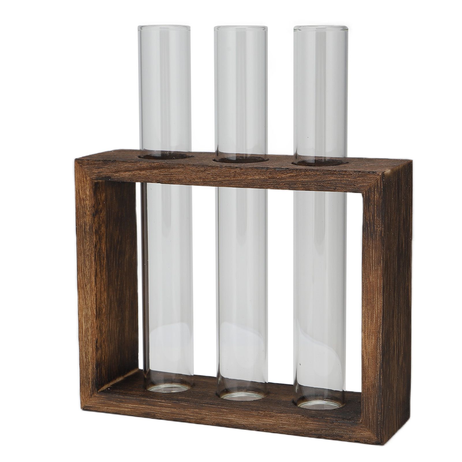 Tabletop Glass Tube Vase High Borosilicate Glass Pine Wood Frame Retro Tube Plant Vase for Hydroponic Plants Home Decoration3 Bottles - Image 4