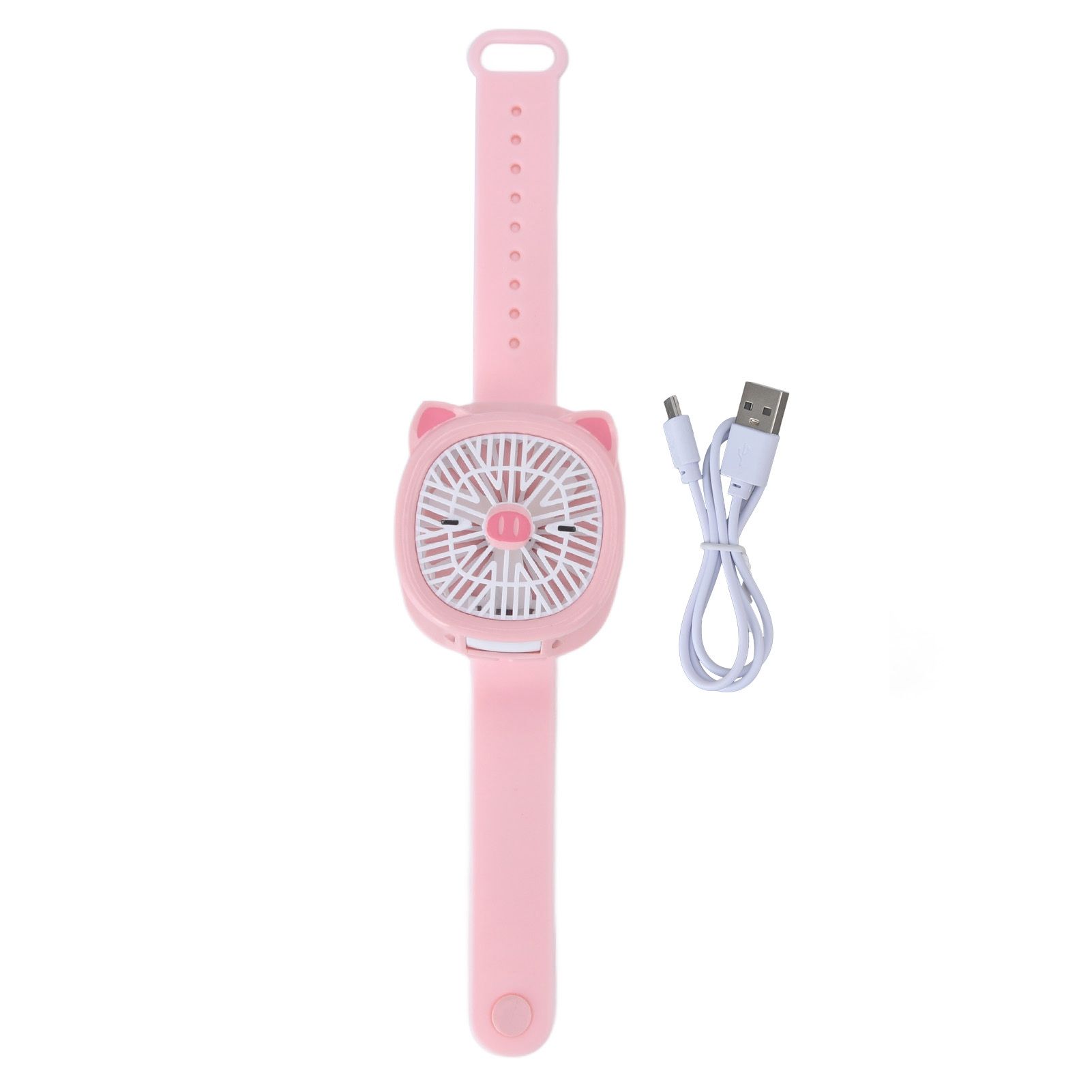 Cartoon Watch Fan USB Charging Plastic Wrist Fan Wireless Mini Watch Fan with Detachable Strap Fan for Kids for OutdoorPink Pig - Image 1