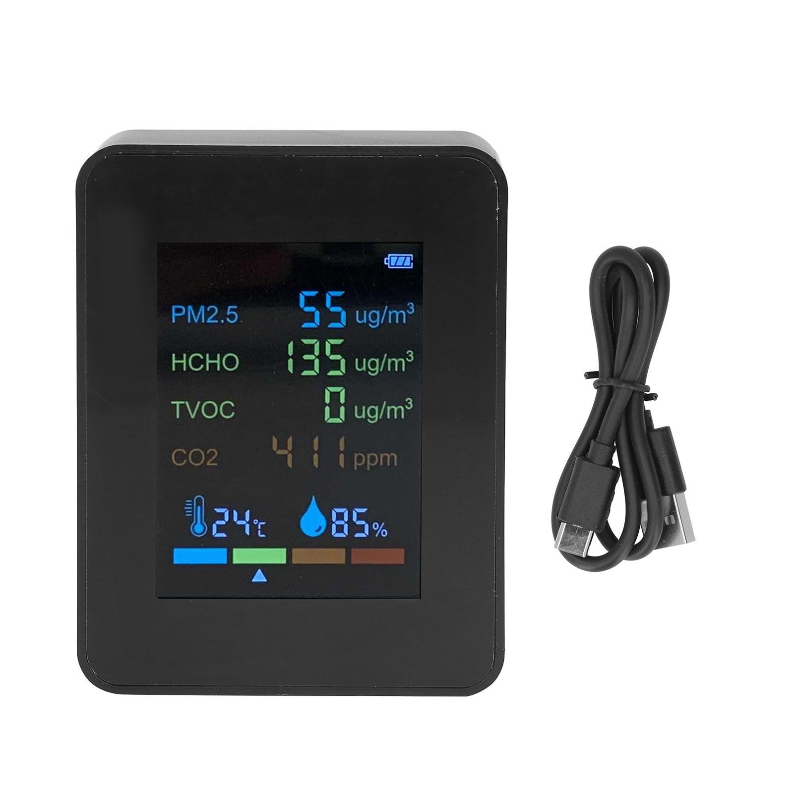 Multifunctional 6 in 1 CO2 Meter Air Quality Monitor Temperature PM2.5 TVOC HCHO Detector USB Charging Black - Image 1