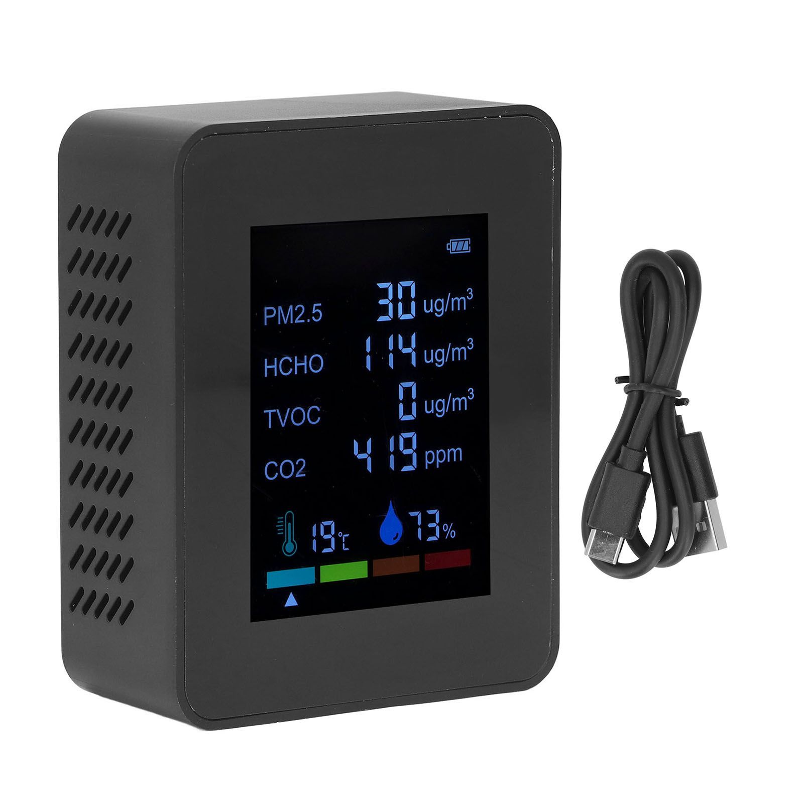 Multifunctional 6 in 1 CO2 Meter Air Quality Monitor Temperature PM2.5 TVOC HCHO Detector USB Charging Black - Image 2