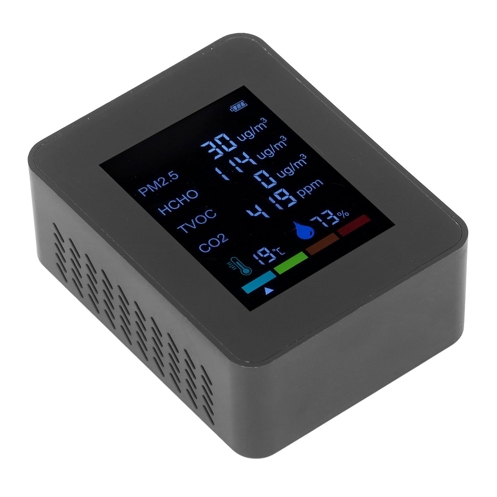 Multifunctional 6 in 1 CO2 Meter Air Quality Monitor Temperature PM2.5 TVOC HCHO Detector USB Charging Black - Image 4