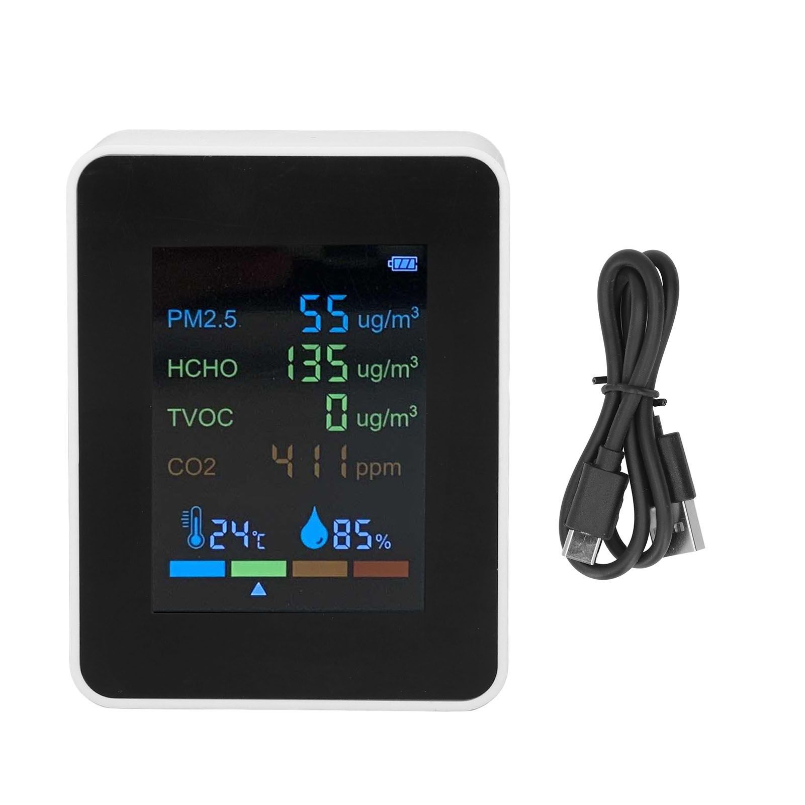 Multifunctional 6 in 1 CO2 Meter Air Quality Monitor Temperature PM2.5 TVOC HCHO Detector USB Charging White - Image 1