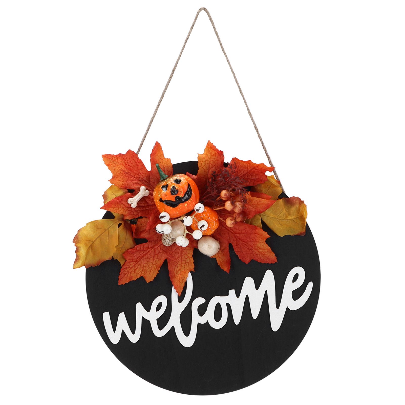Round Wood Door Sign Farmhouse Front Door Hanging Welcome Sign Decors for Halloween ChristmasMaple Leaf Skeleton - Image 1
