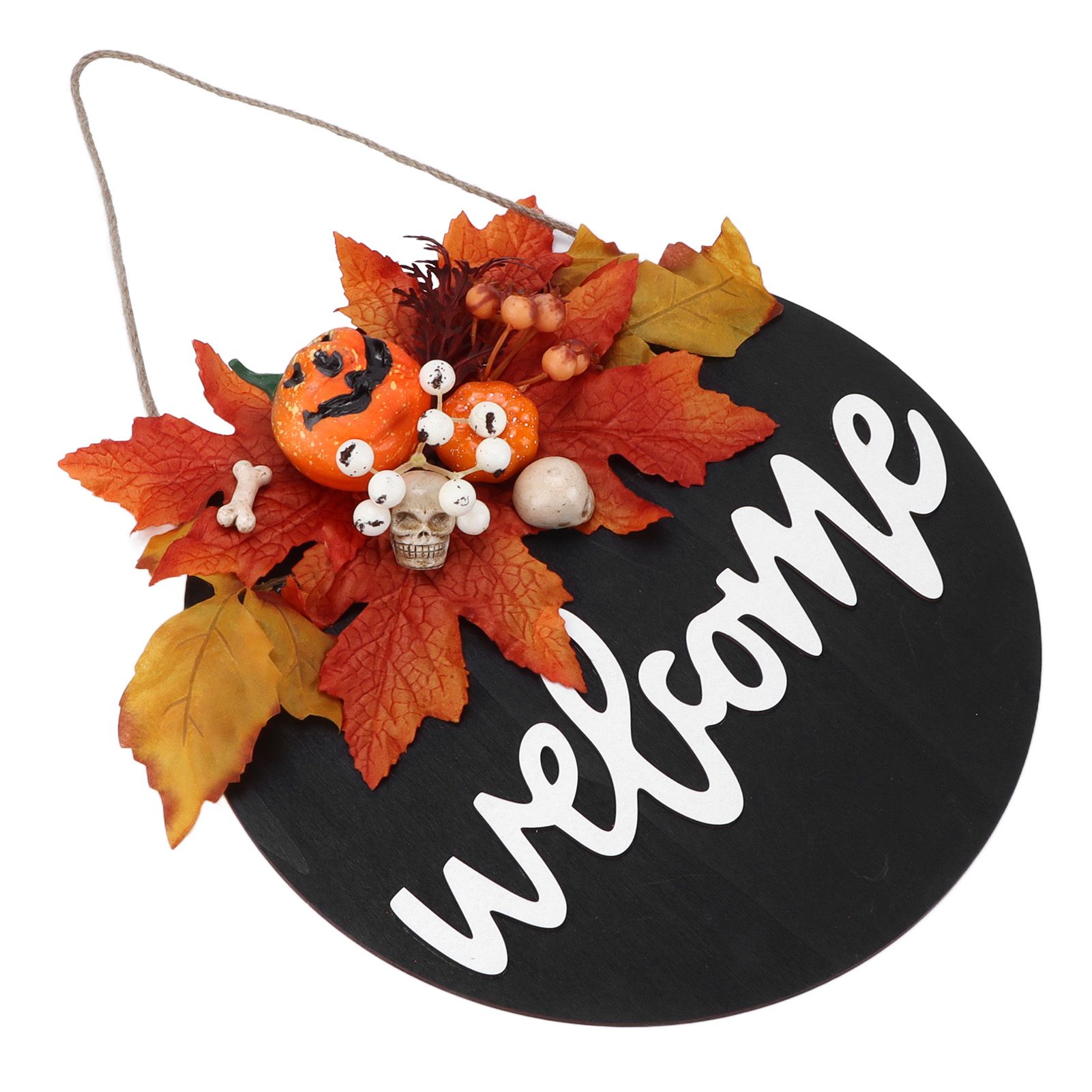 Round Wood Door Sign Farmhouse Front Door Hanging Welcome Sign Decors for Halloween ChristmasMaple Leaf Skeleton - Image 2