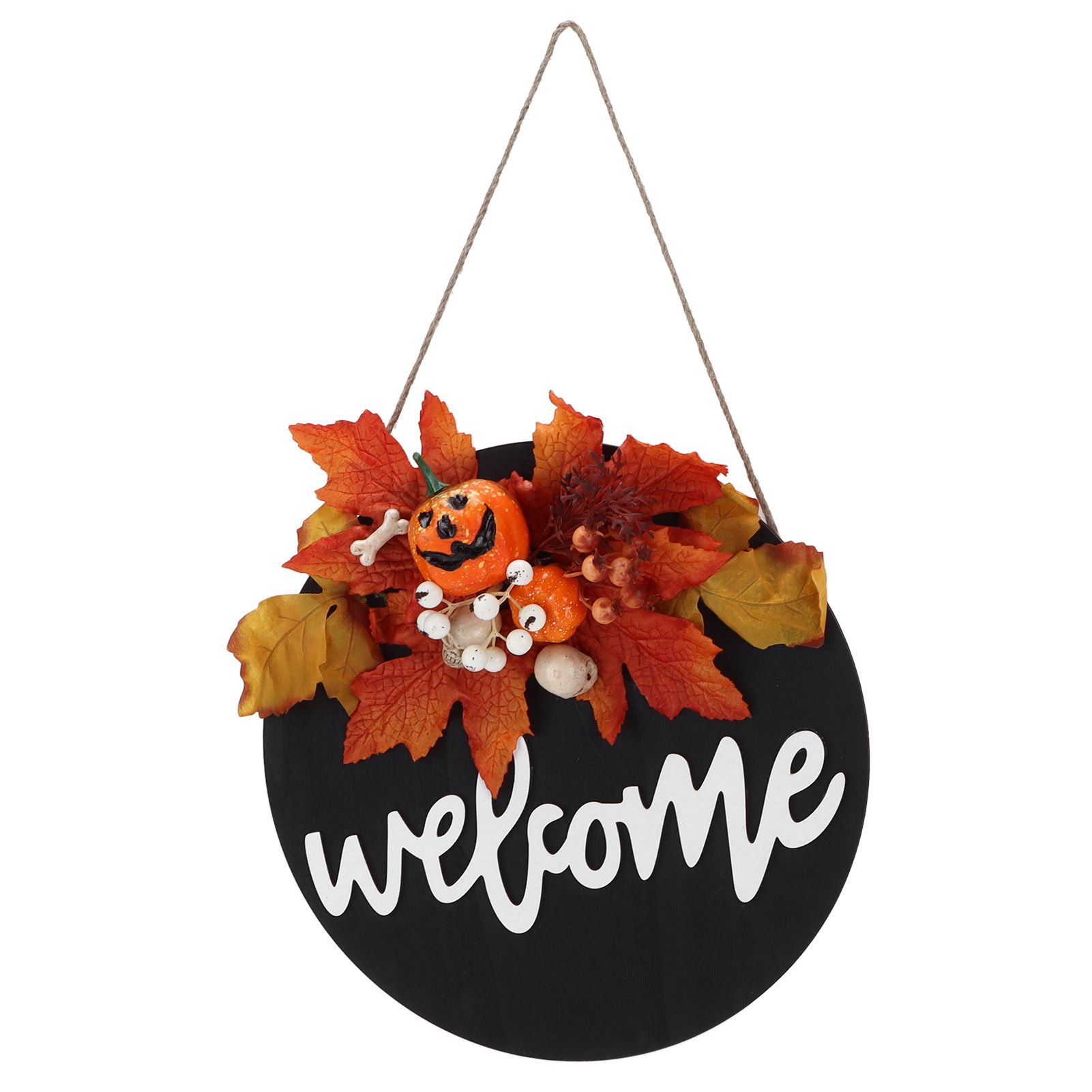 Round Wood Door Sign Farmhouse Front Door Hanging Welcome Sign Decors for Halloween ChristmasMaple Leaf Skeleton - Image 3