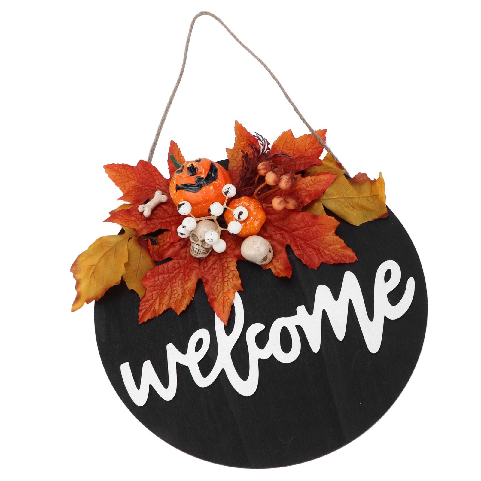 Round Wood Door Sign Farmhouse Front Door Hanging Welcome Sign Decors for Halloween ChristmasMaple Leaf Skeleton - Image 4