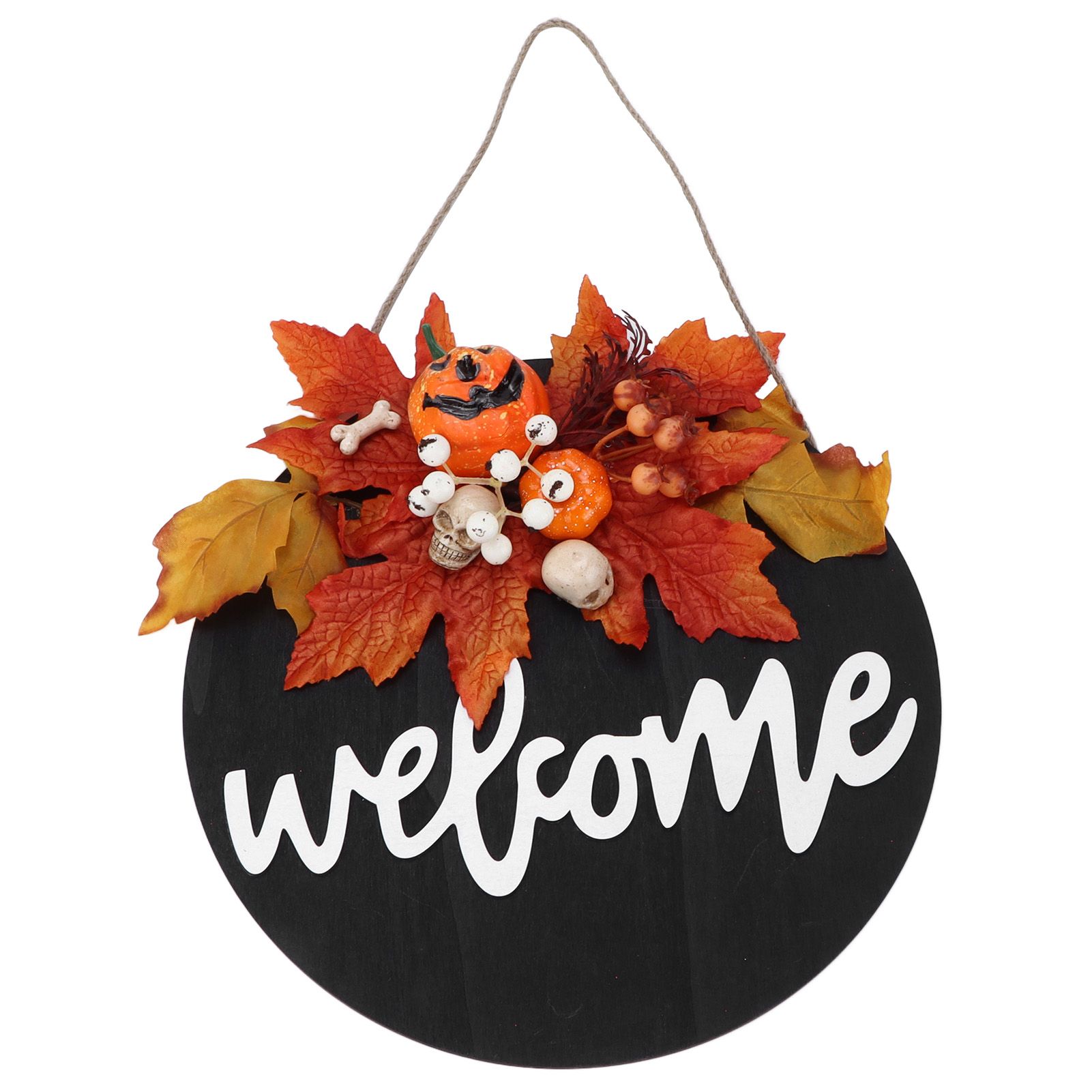 Round Wood Door Sign Farmhouse Front Door Hanging Welcome Sign Decors for Halloween ChristmasMaple Leaf Skeleton - Image 5