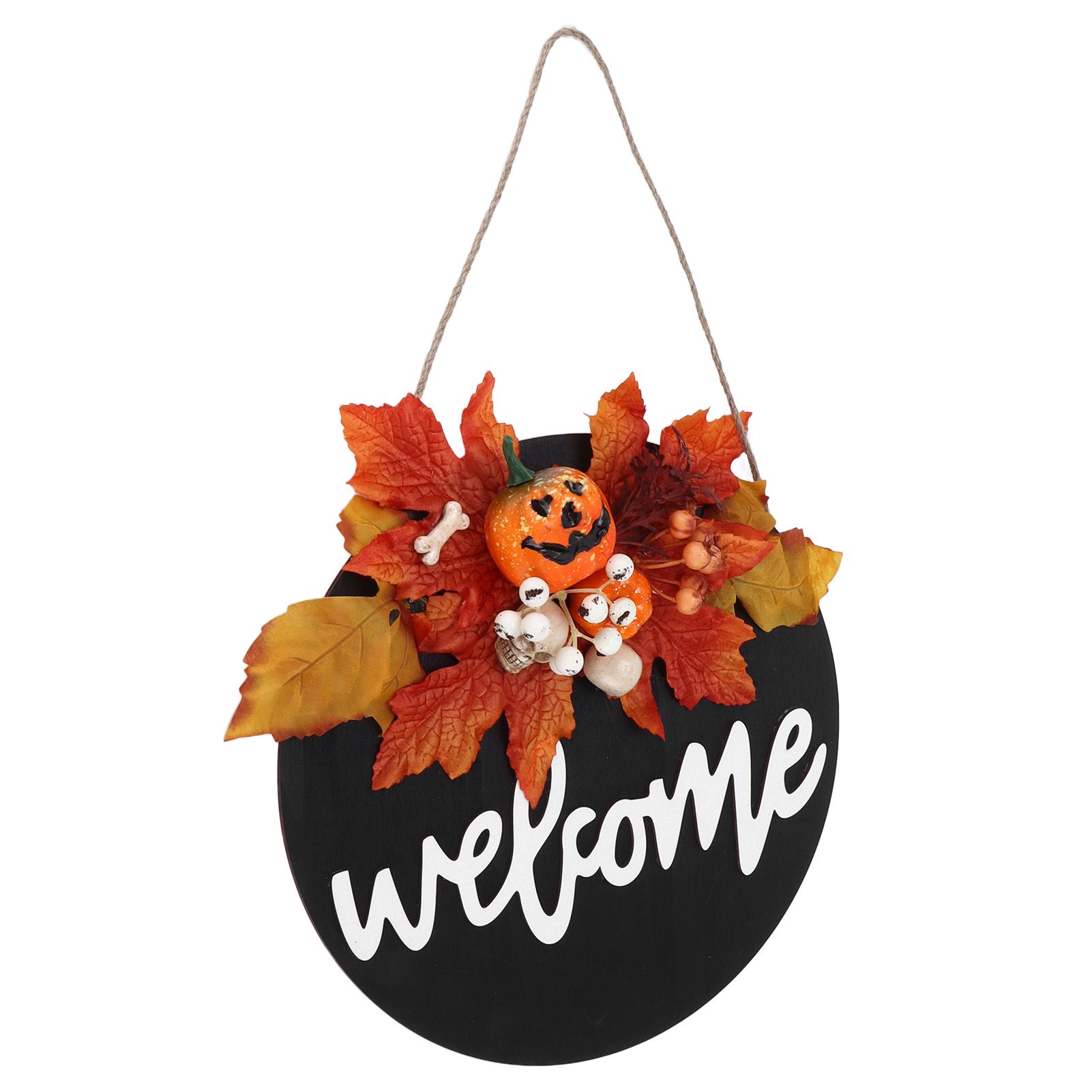 Round Wood Door Sign Farmhouse Front Door Hanging Welcome Sign Decors for Halloween ChristmasMaple Leaf Skeleton - Image 6