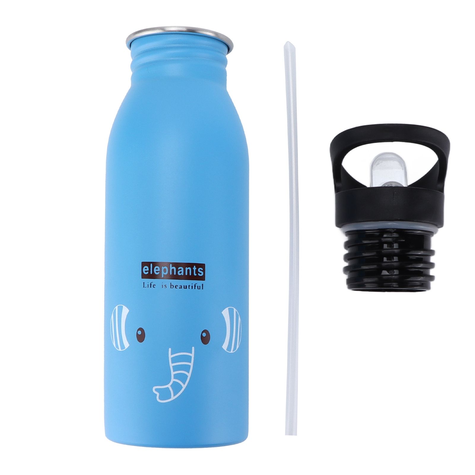 Stainless Steel Sport Water Bottle 500ml Cute Vacuum Insulated Water Bottle with Sucking Mouth for Outdoor SportsBlue Elephant - Image 1