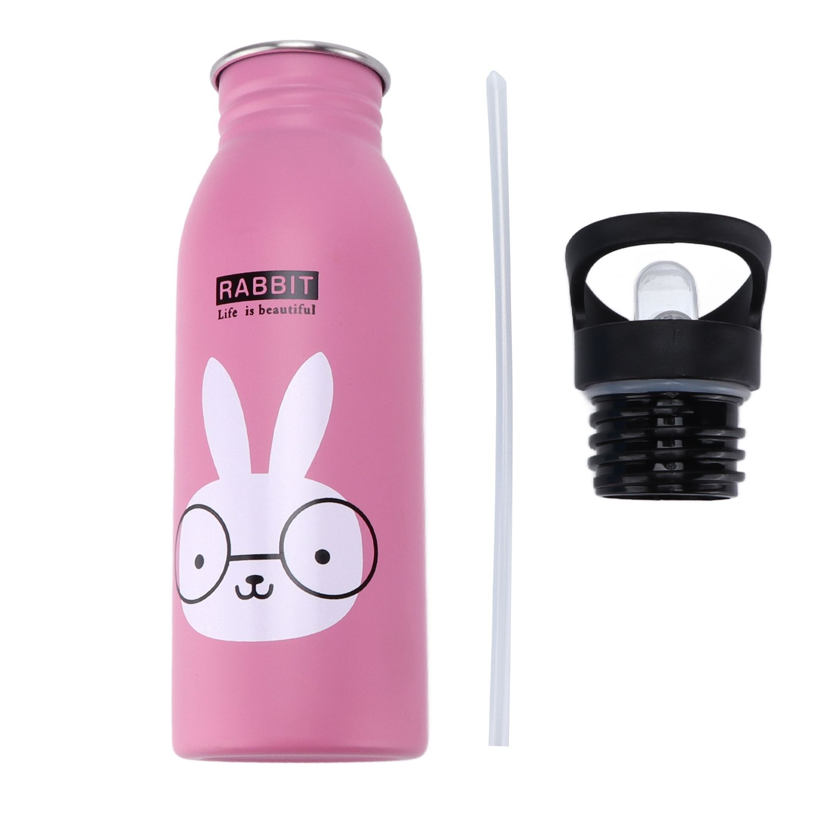 Stainless Steel Sport Water Bottle 500ml Cute Vacuum Insulated Water Bottle with Sucking Mouth for Outdoor SportsPink Bunny - Image 1