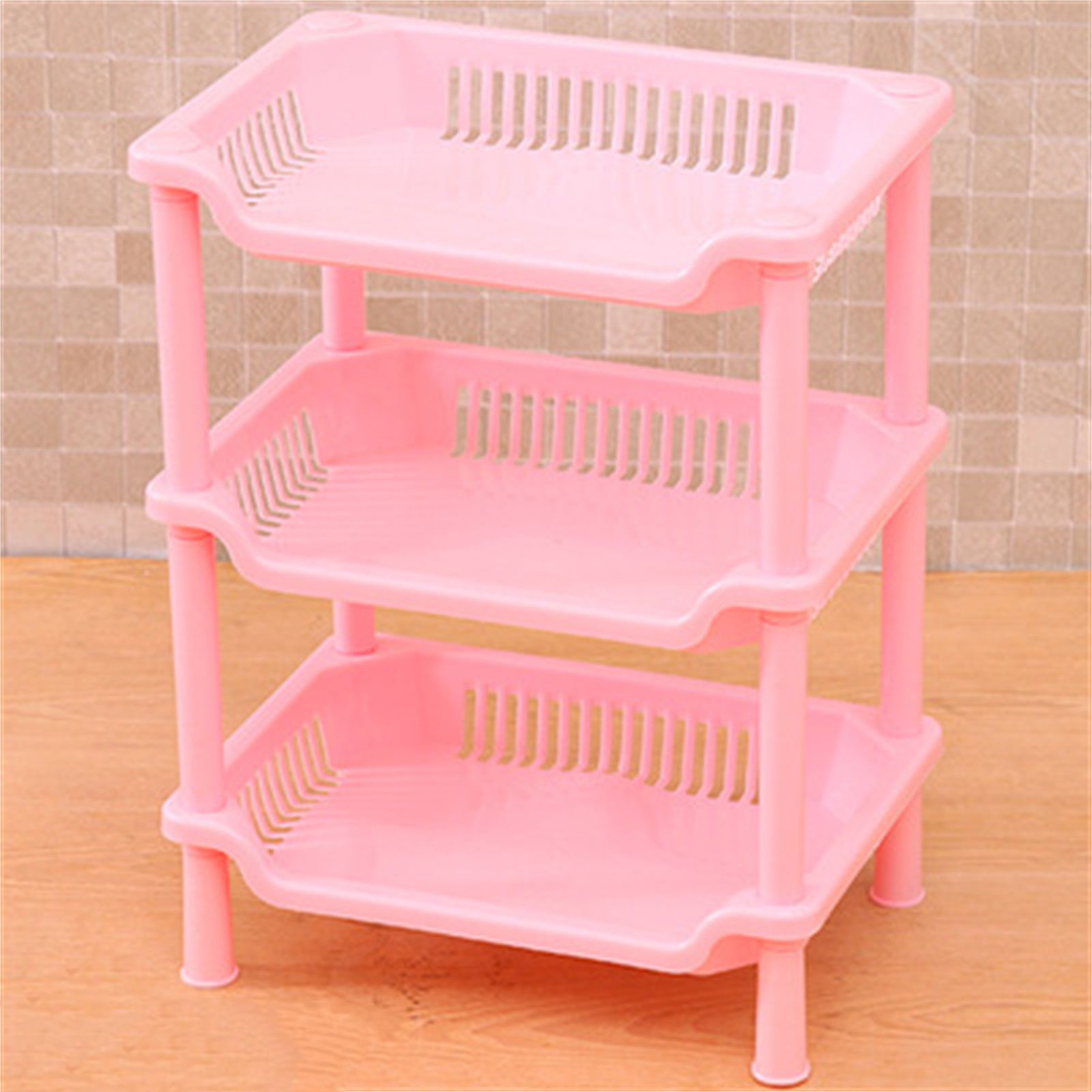 3 Layers Bathroom Standing Shelf Bathroom Stand PP Land Installation Bathroom Rack Storage Shelves for Bathroom KitchenPink Tetragonum - Image 2