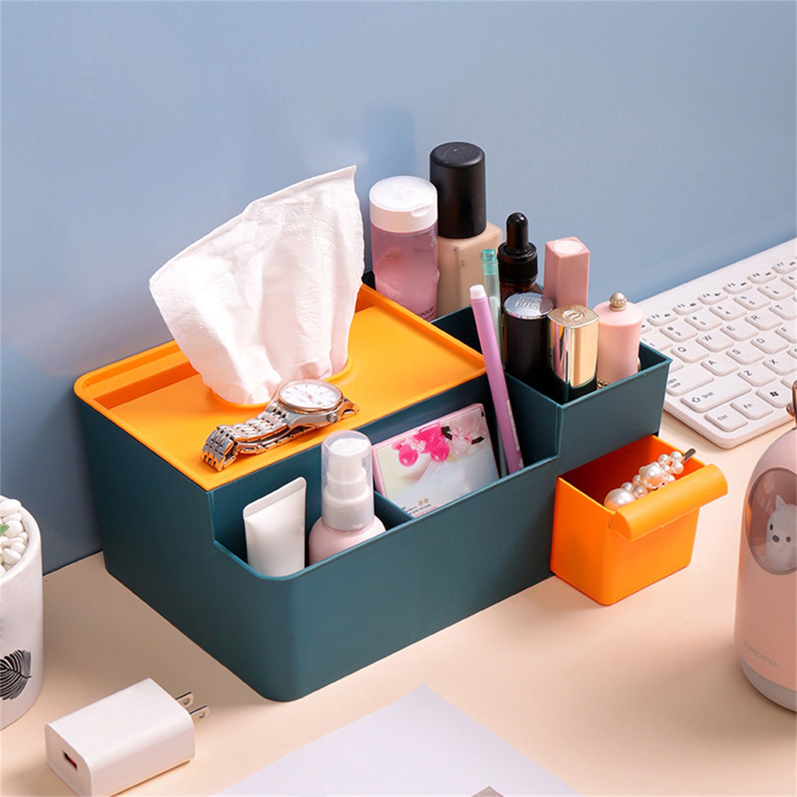 Tissue Box Cover Multipurpose Stylish Decorative Facial Tissue Holder for Kitchen Dining Room Bathroom Desk Green with Yellow - Image 2
