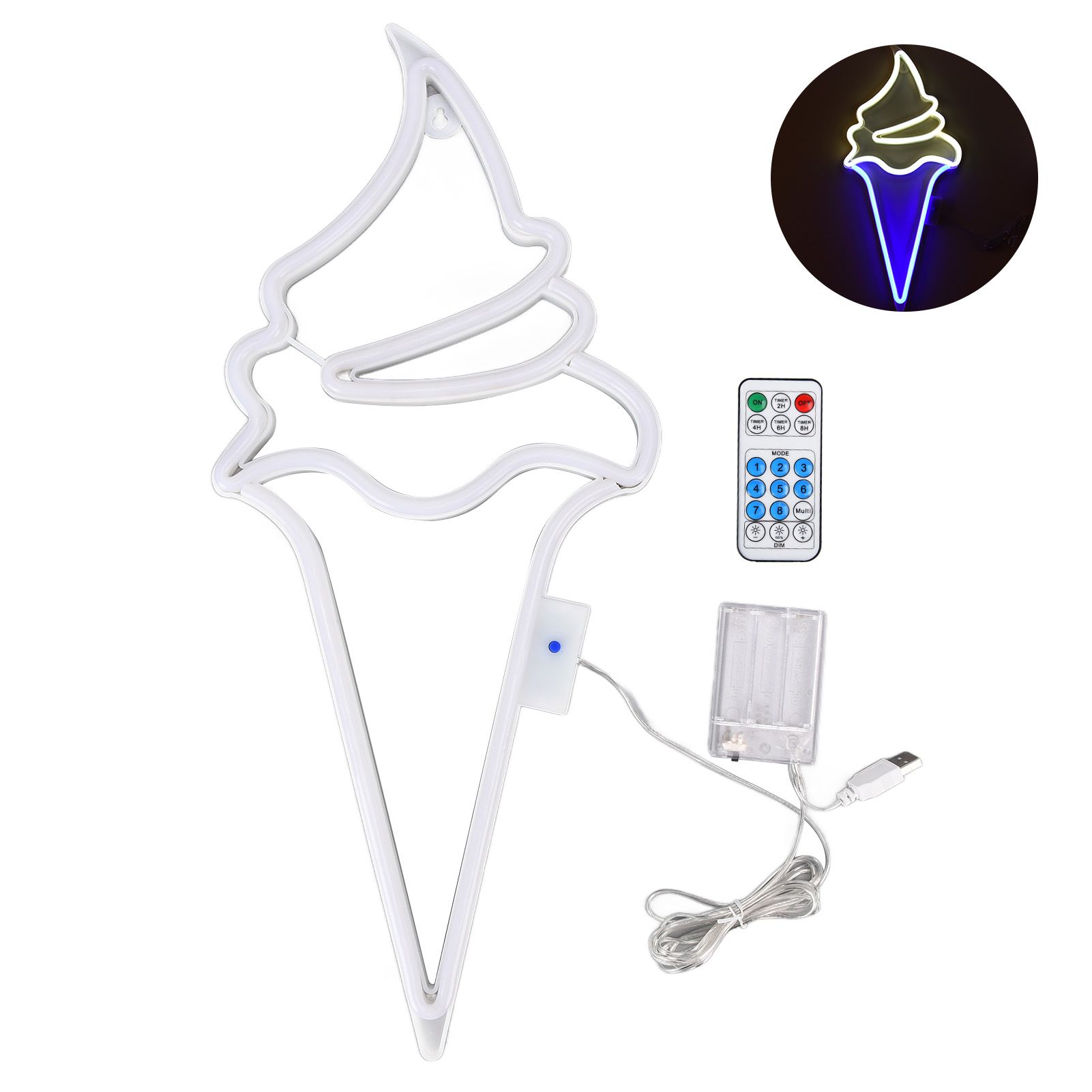 LED Neon Light Ice Cream Waterproof Battery USB Powered Hangable Decorative Remote Control Neon Sign for Home Party(White Blue ) - Image 1