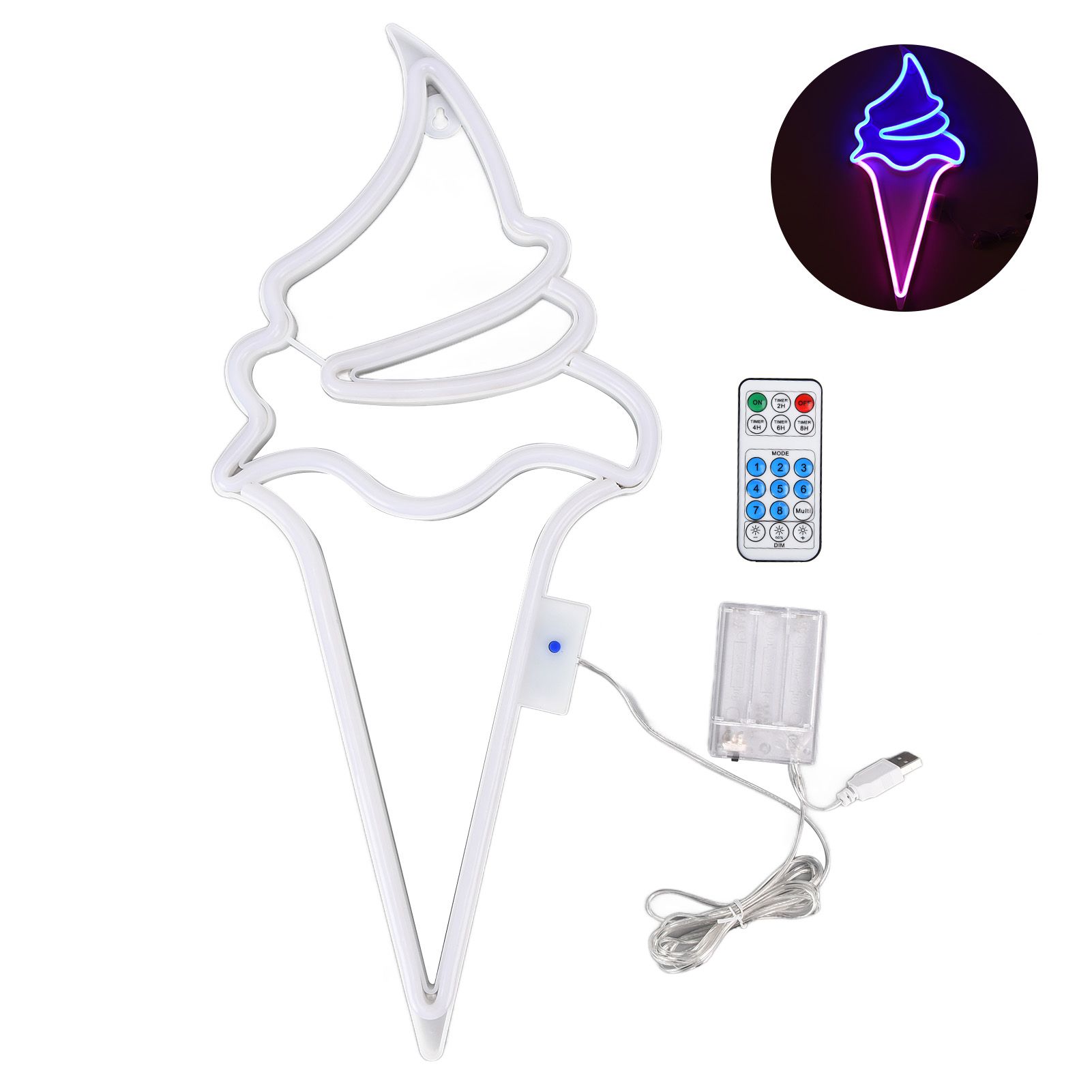 LED Neon Light Ice Cream Waterproof Battery USB Powered Hangable Decorative Remote Control Neon Sign for Home Party(Blue Pink ) - Image 1