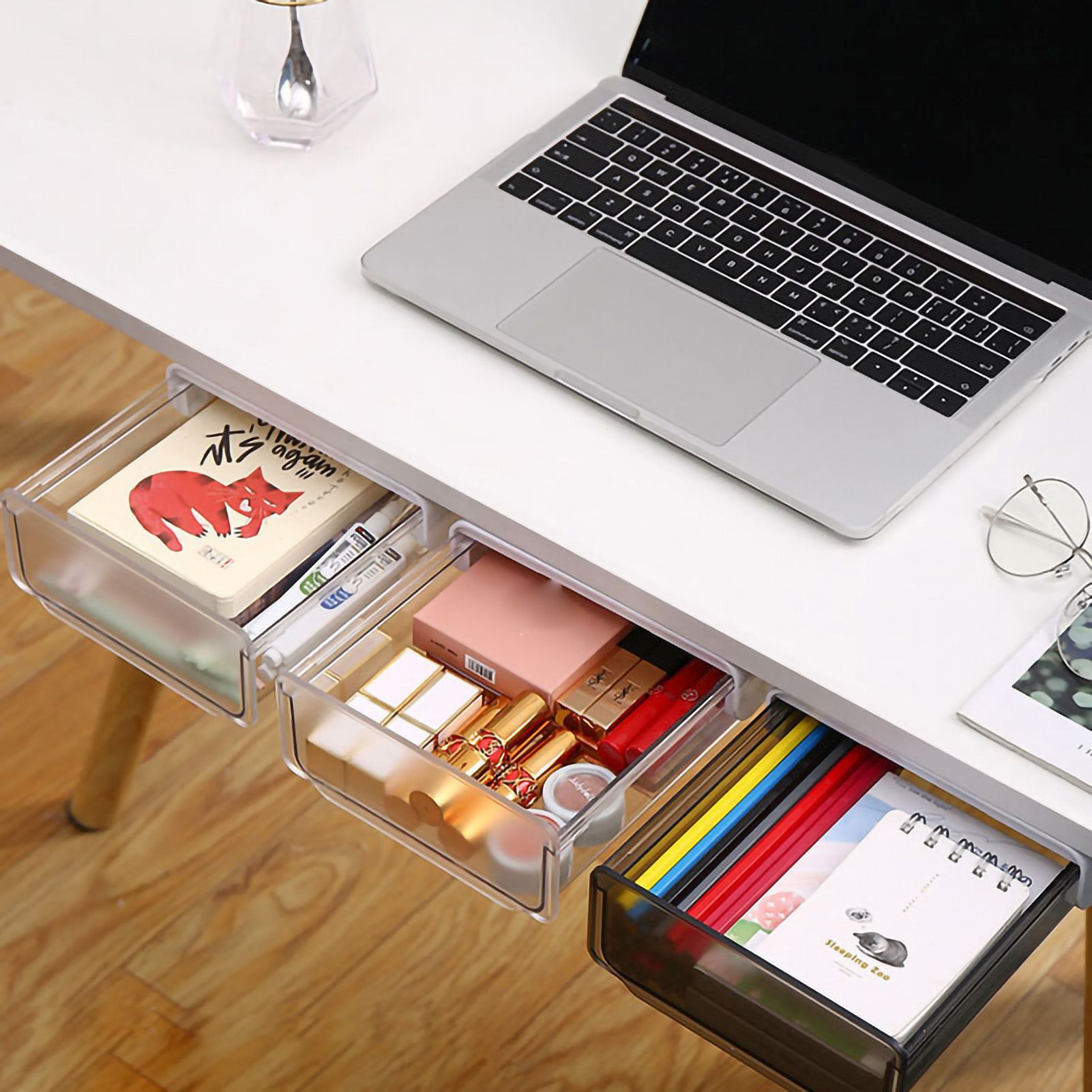 Under Desk Storage Box No Punching Storage ABS PS Small Hidden Drawer For Dormitory Small Transparent Black - Image 3