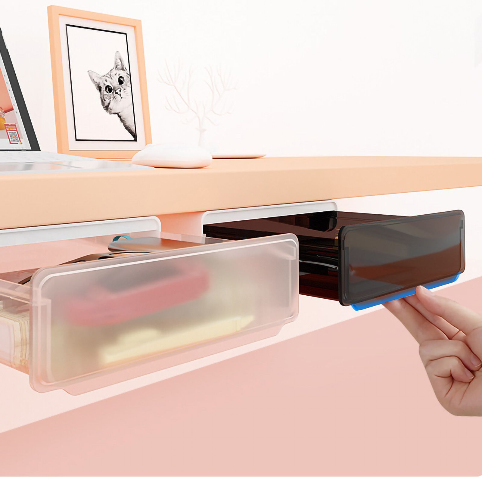 Under Desk Storage Box No Punching Storage ABS PS Small Hidden Drawer For Dormitory Small Transparent Black - Image 4