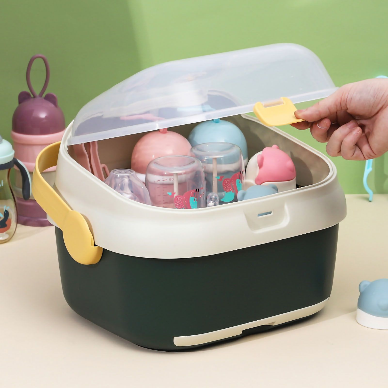 Baby Bottle Drying Rack Nursing Bottle Storage Box Container with Swivel Vent Dust Cover Drain Tray Detachable Holder Green - Image 1