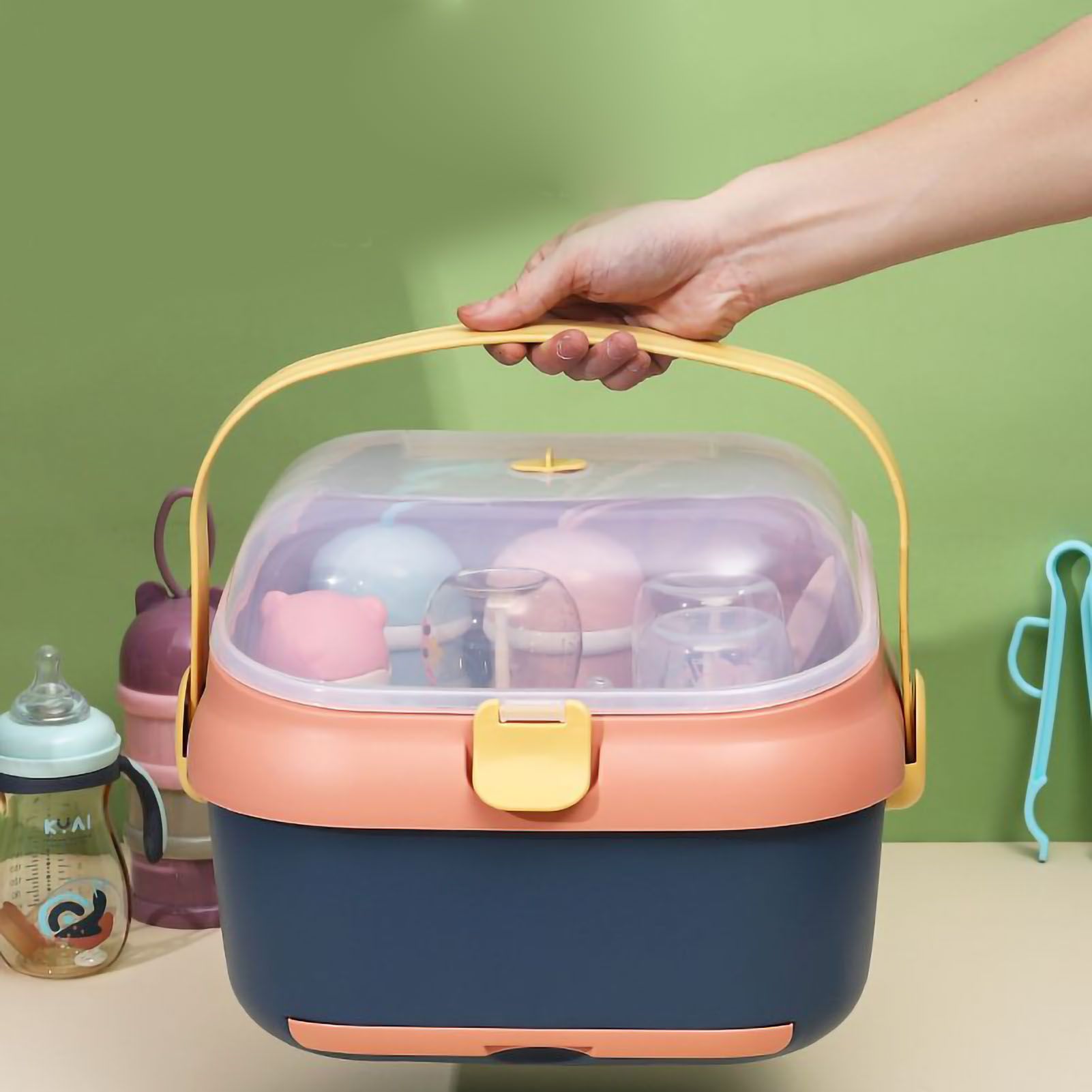 Baby Bottle Drying Rack Nursing Bottle Storage Box Container with Swivel Vent Dust Cover Drain Tray Detachable Holder Blue - Image 1
