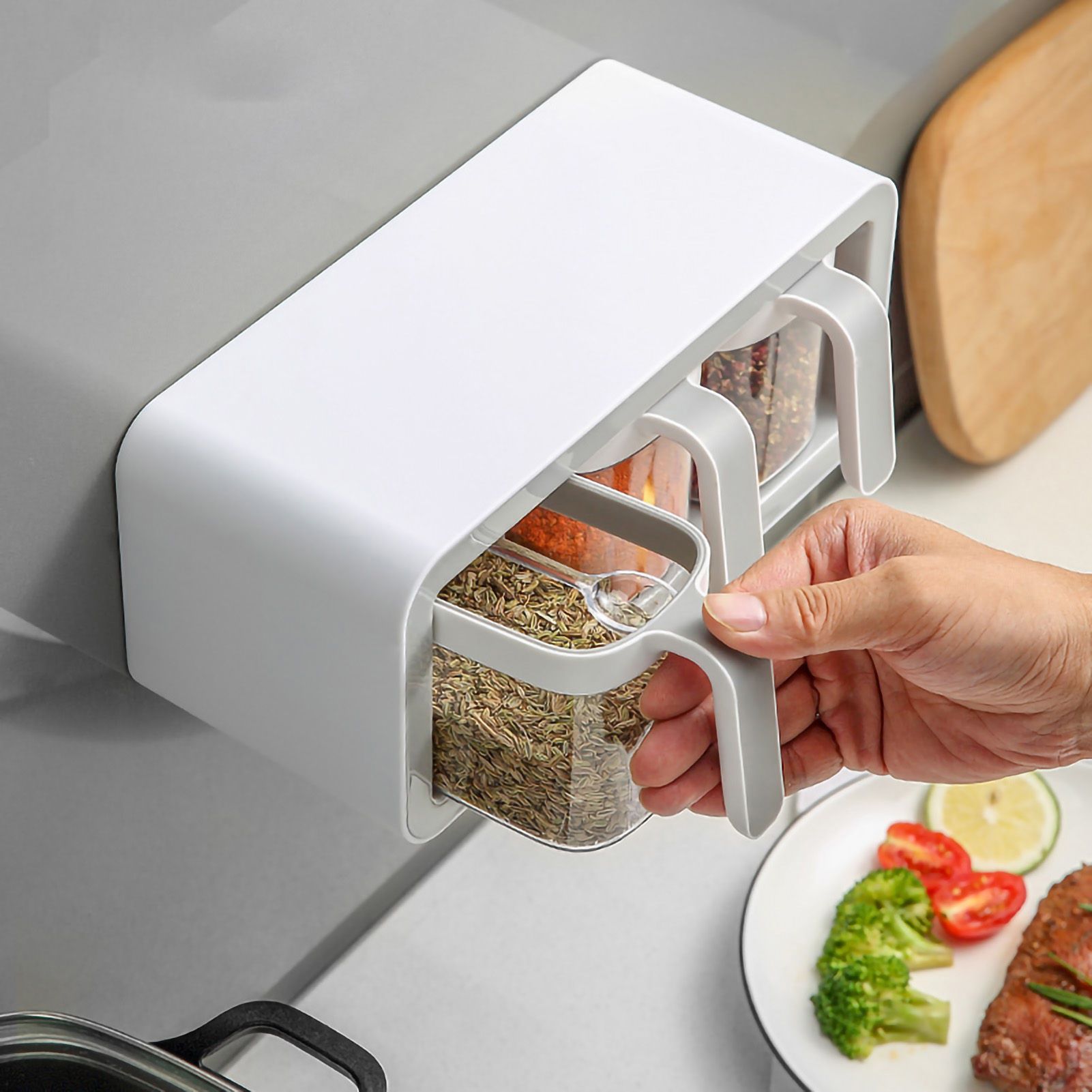 Seasoning Box Wall Mount Multi Grid Seasoning Storage Container Kitchen Seasoning Jar Combination Set 2 Container Gray with 2 Spoons - Image 2