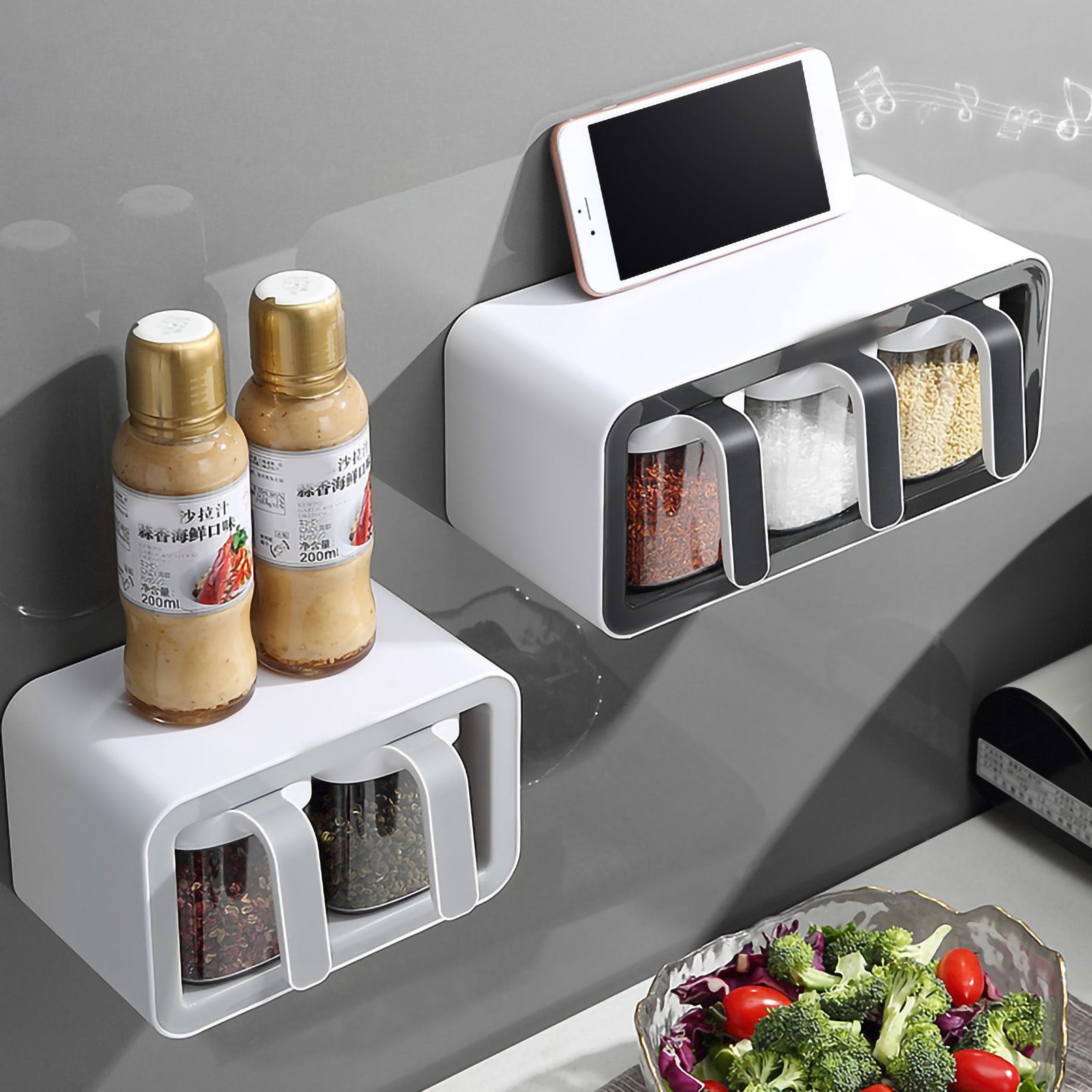 Seasoning Box Wall Mount Multi Grid Seasoning Storage Container Kitchen Seasoning Jar Combination Set 2 Container Gray with 2 Spoons - Image 5