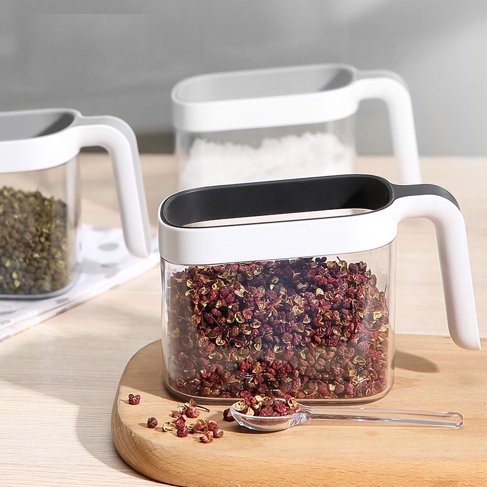 Seasoning Box Wall Mount Multi Grid Seasoning Storage Container Kitchen Seasoning Jar Combination Set 2 Container Black with 2 Spoons - Image 2