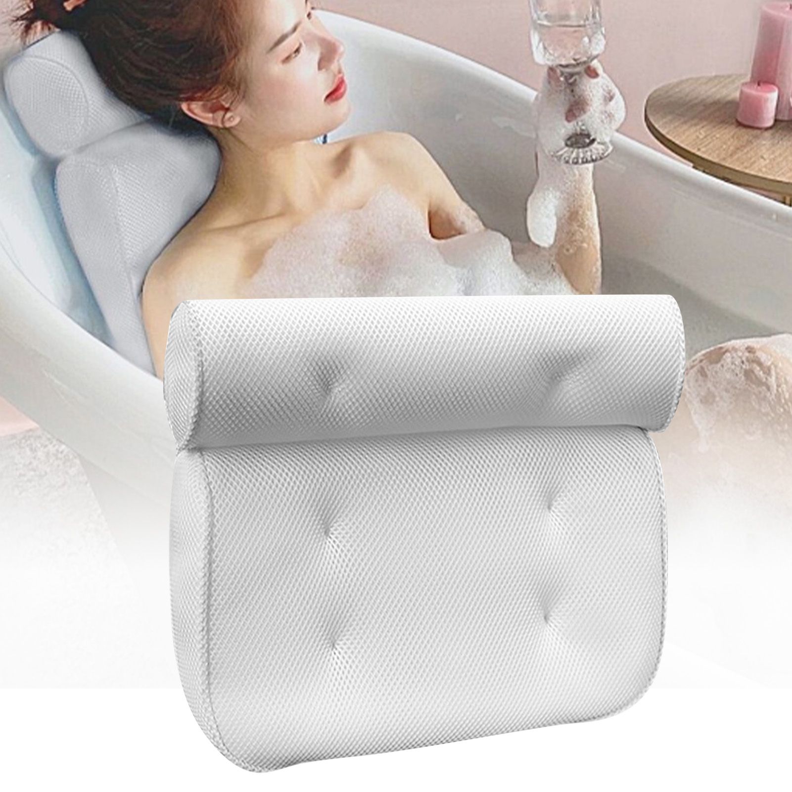 Bath Pillow 3D Mesh Fabric Soft Bathtub Pillow with Suction Cups Spa Bathtub Cushion for Back Neck Support Rest White - Image 5