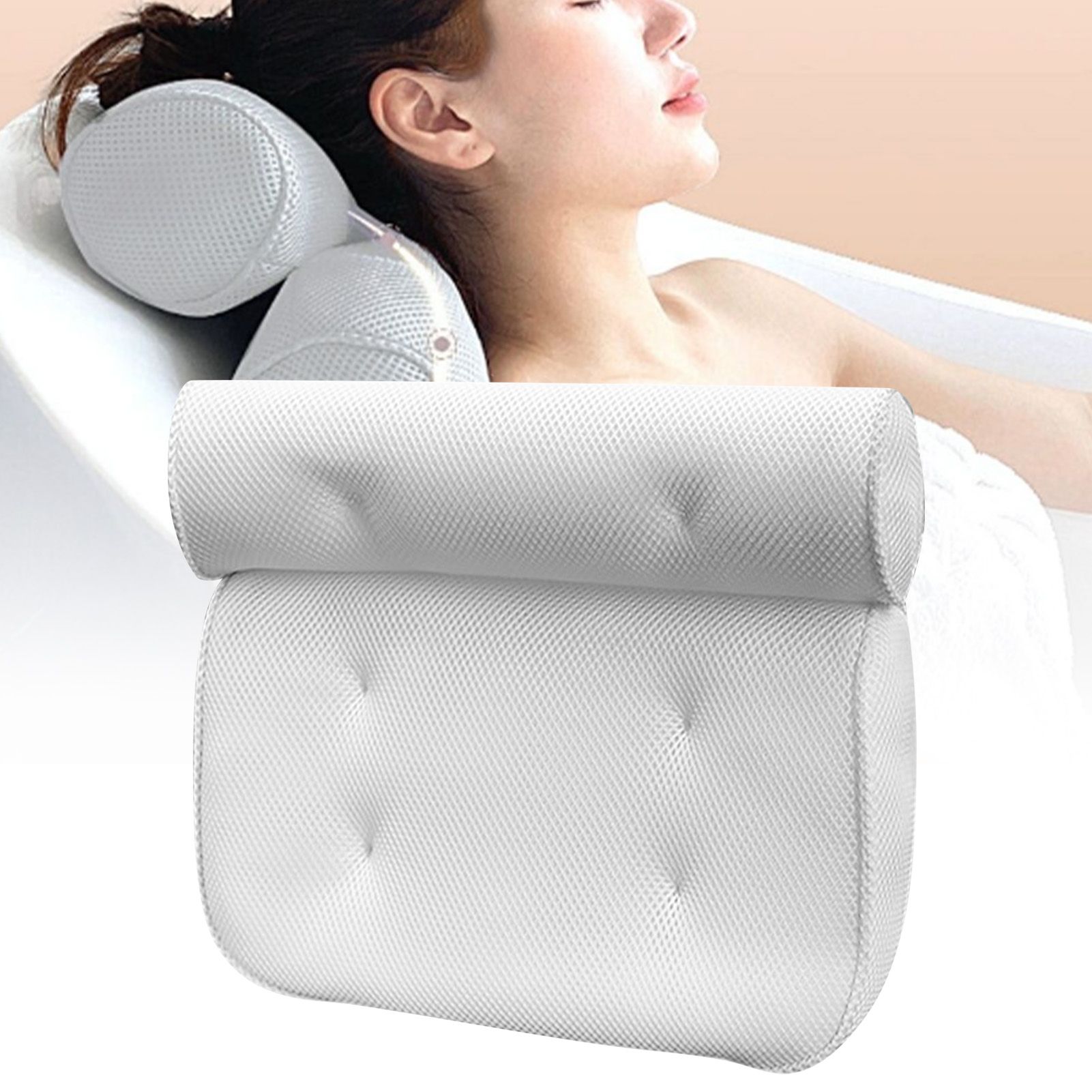 Bath Pillow 3D Mesh Fabric Soft Bathtub Pillow with Suction Cups Spa Bathtub Cushion for Back Neck Support Rest White - Image 6