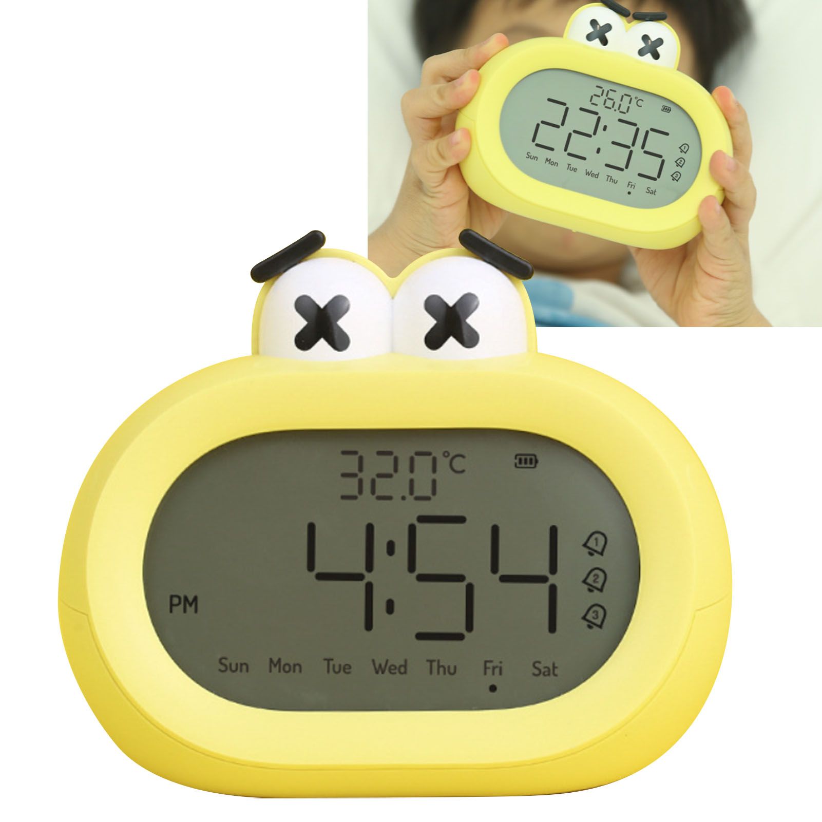 Kids Alarm Clock Cartoon Cute Intelligent Battery Operated Digital LED Electronic Clock with Night Light Yellow - Image 2