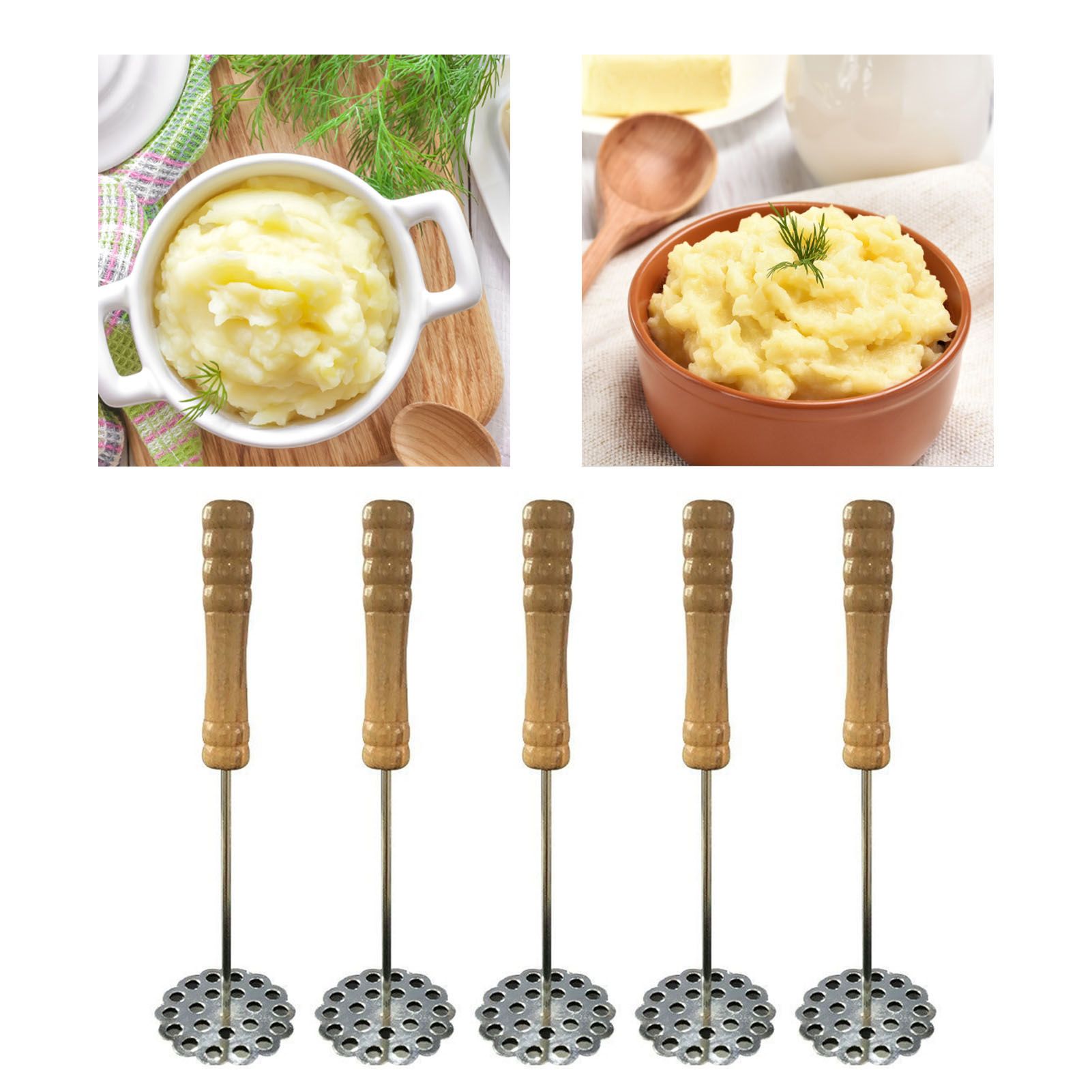 5pcs Potato Masher Portable Stainless Steel Wooden Handle Manual Spud Smasher Kitchen Tool - Image 5