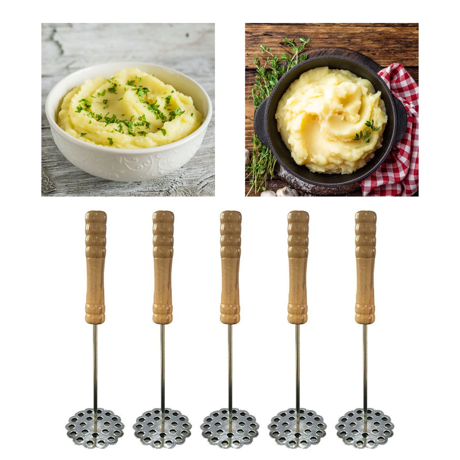 5pcs Potato Masher Portable Stainless Steel Wooden Handle Manual Spud Smasher Kitchen Tool - Image 6