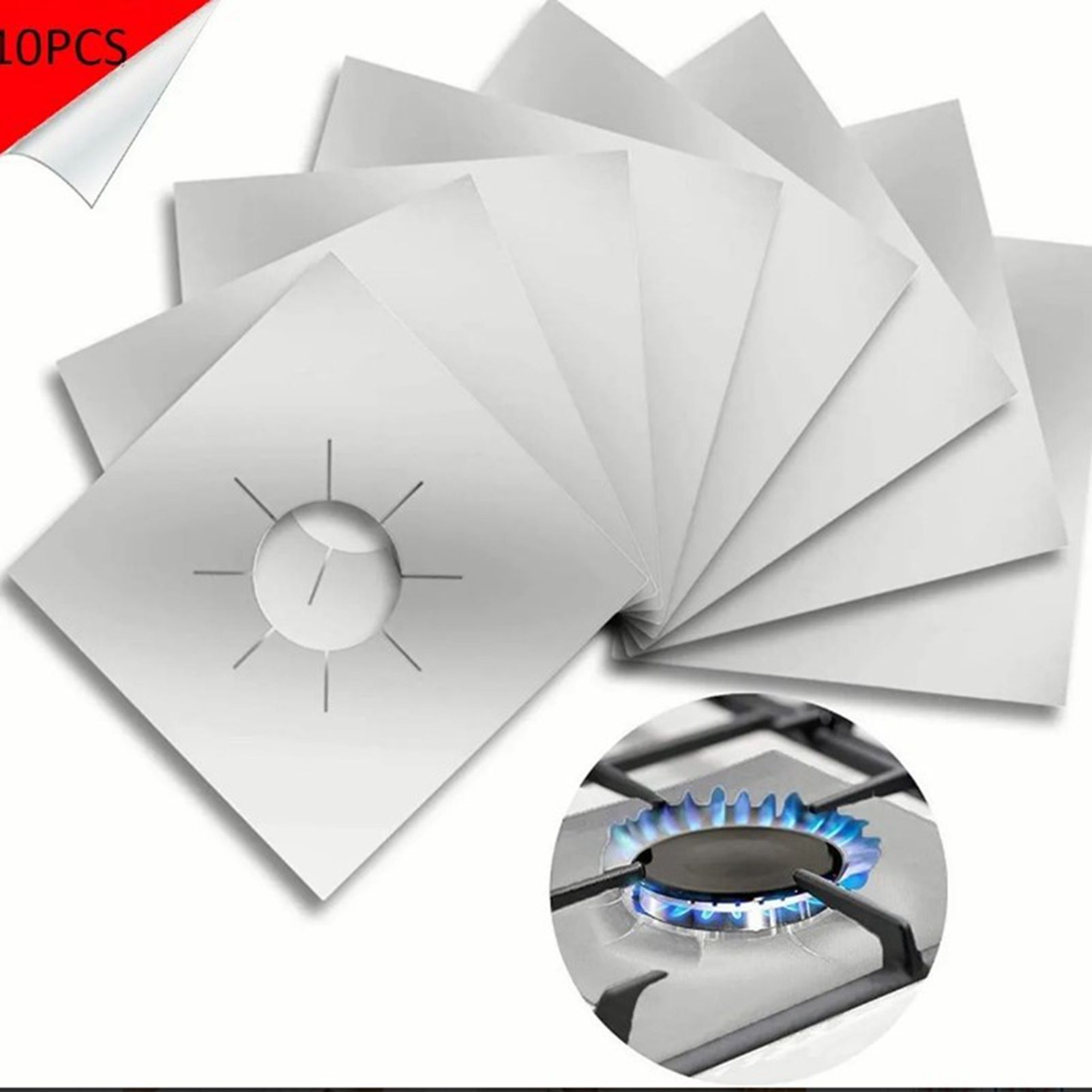 10pcs Gas Range Stove Cover Thickness 0.2mm Waterproof Reusable Heat Resistant Fiberglass Gas Stove Protector Pad Silver - Image 5