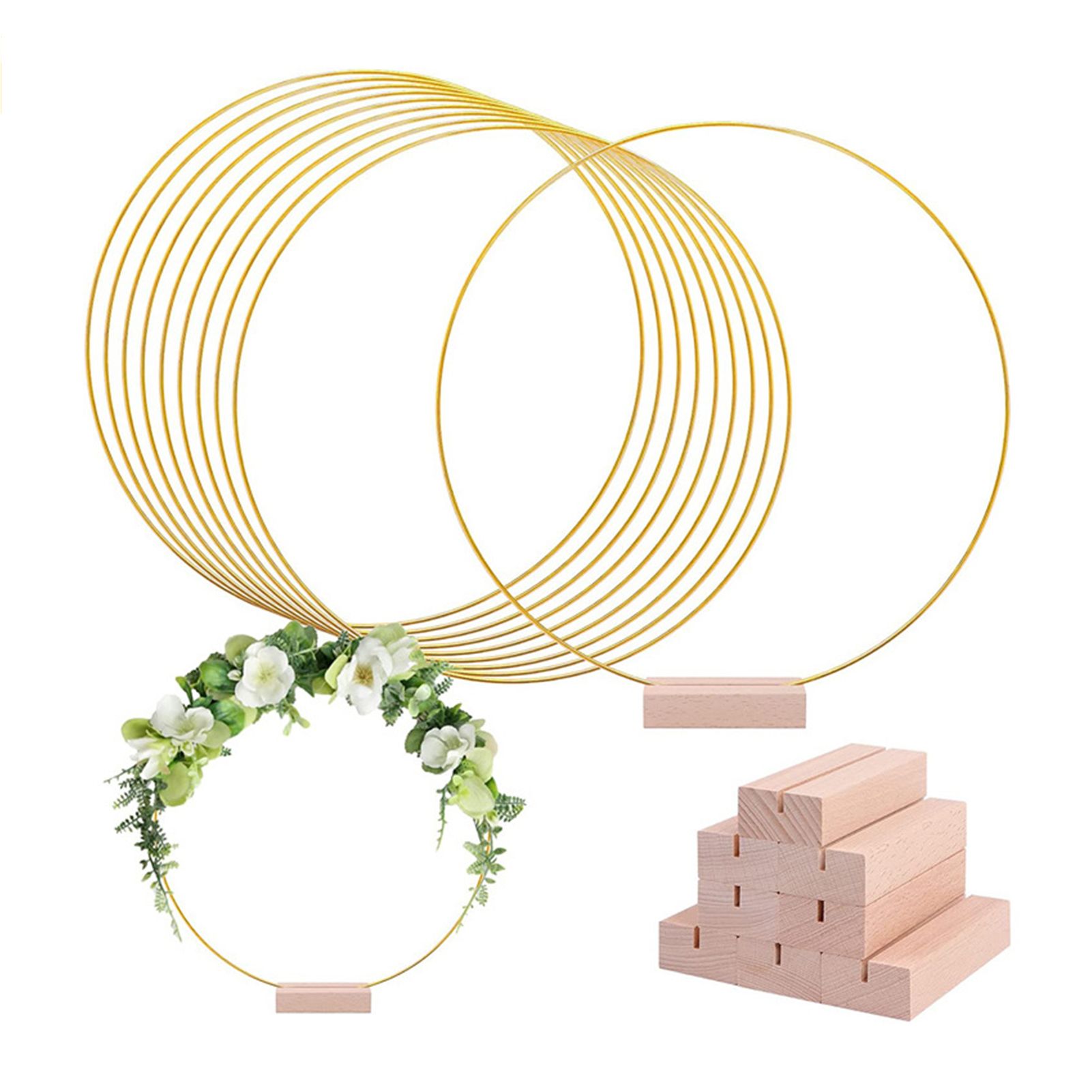 12in Metal Wreath Frame Floral Hoop Centerpiece with Wooden Stand DIY Wedding Floral Decoration Props - Image 2