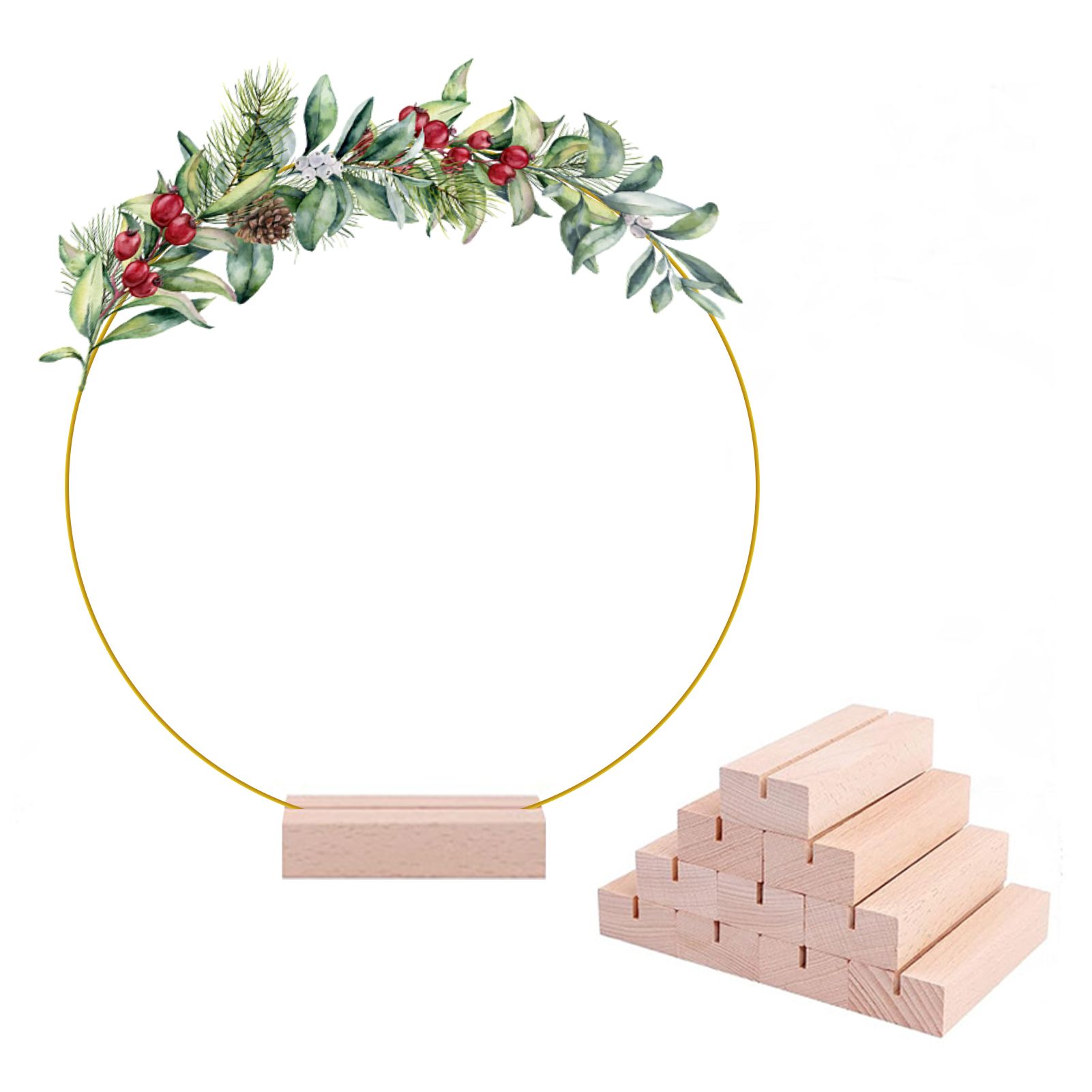 12in Metal Wreath Frame Floral Hoop Centerpiece with Wooden Stand DIY Wedding Floral Decoration Props - Image 3
