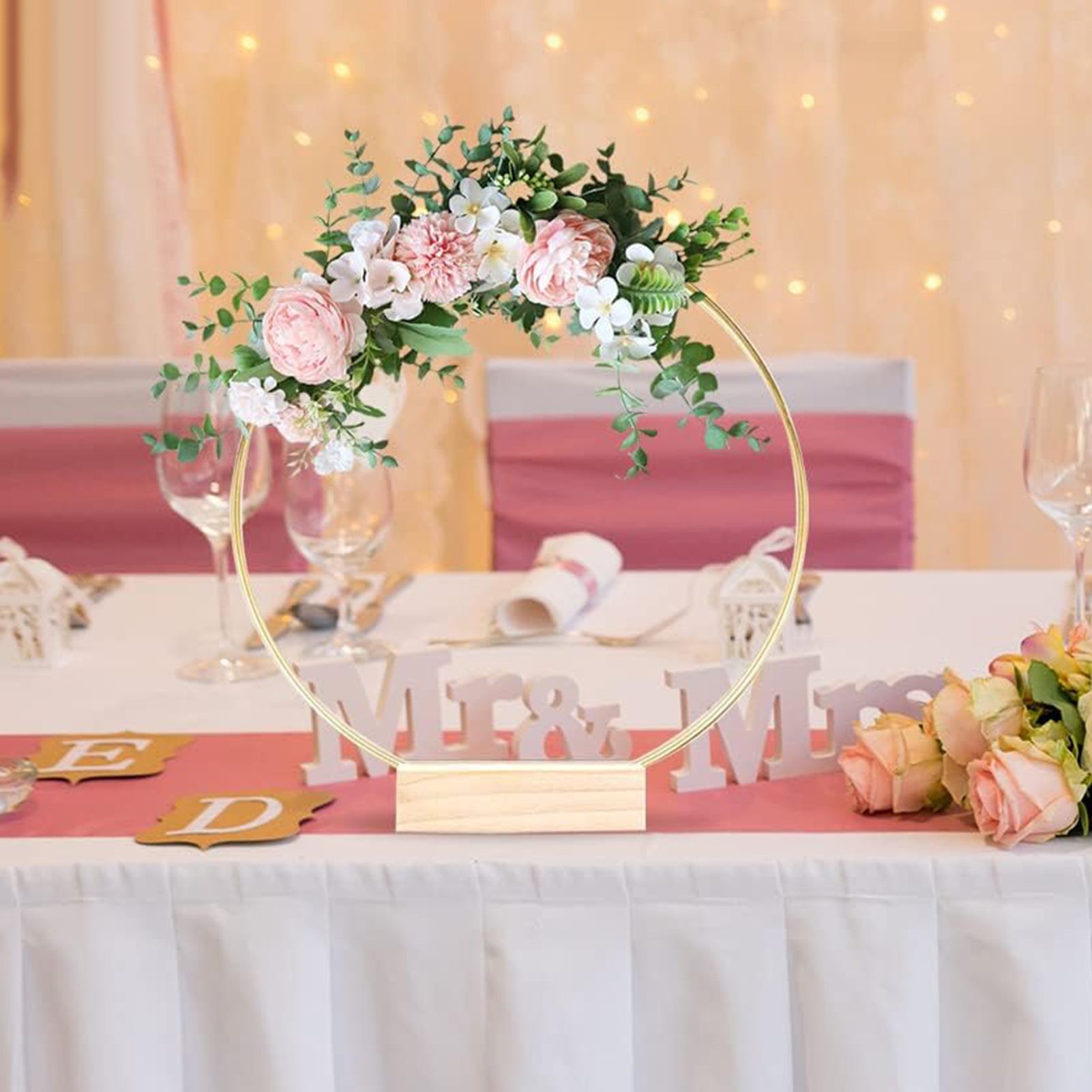 12in Metal Wreath Frame Floral Hoop Centerpiece with Wooden Stand DIY Wedding Floral Decoration Props - Image 8