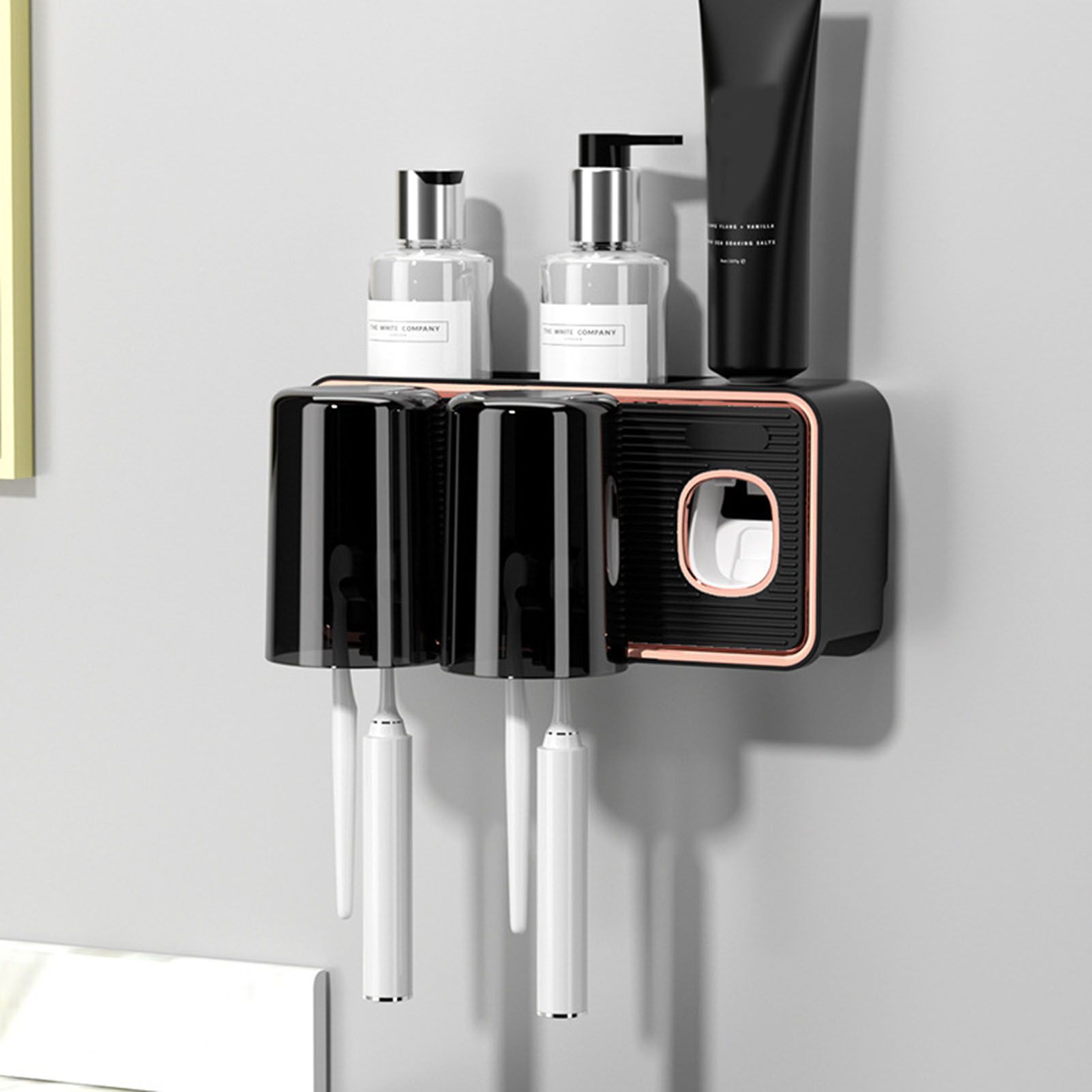 Toothbrush Shelf Drilling Free Toothbrush Holder Rack with Automatic Toothpaste Dispenser Black - Image 5