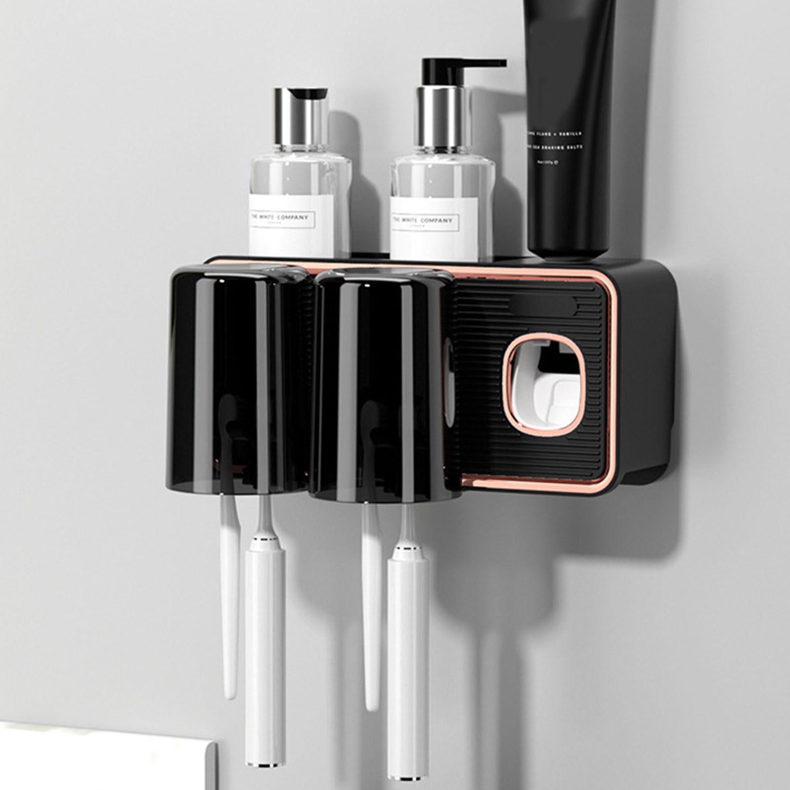 Toothbrush Shelf Drilling Free Toothbrush Holder Rack with Automatic Toothpaste Dispenser Black - Image 6