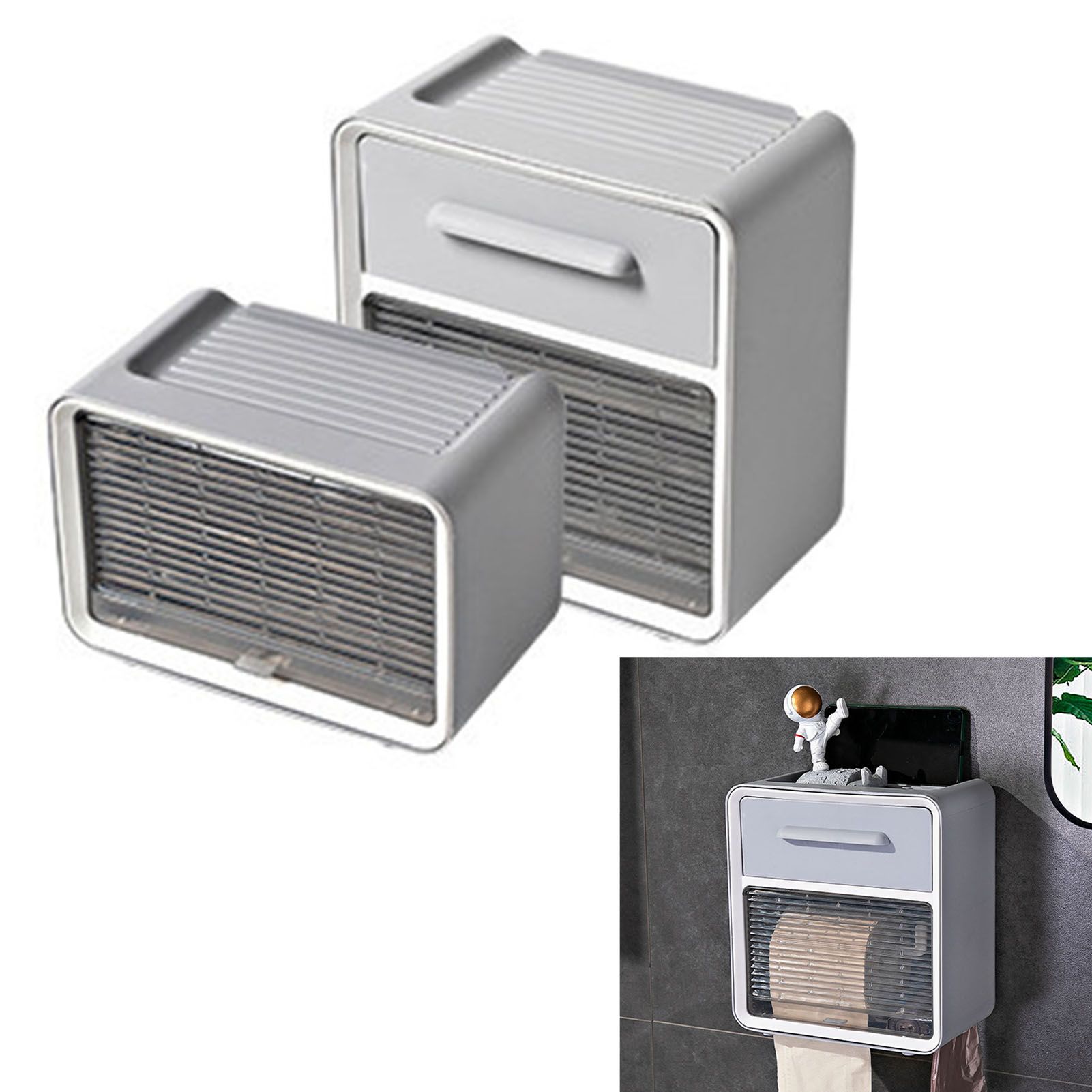 Toilet Paper Holder Wall Mount Waterproof Storage Box PP with Drawer for Bathroom Grey - Image 4