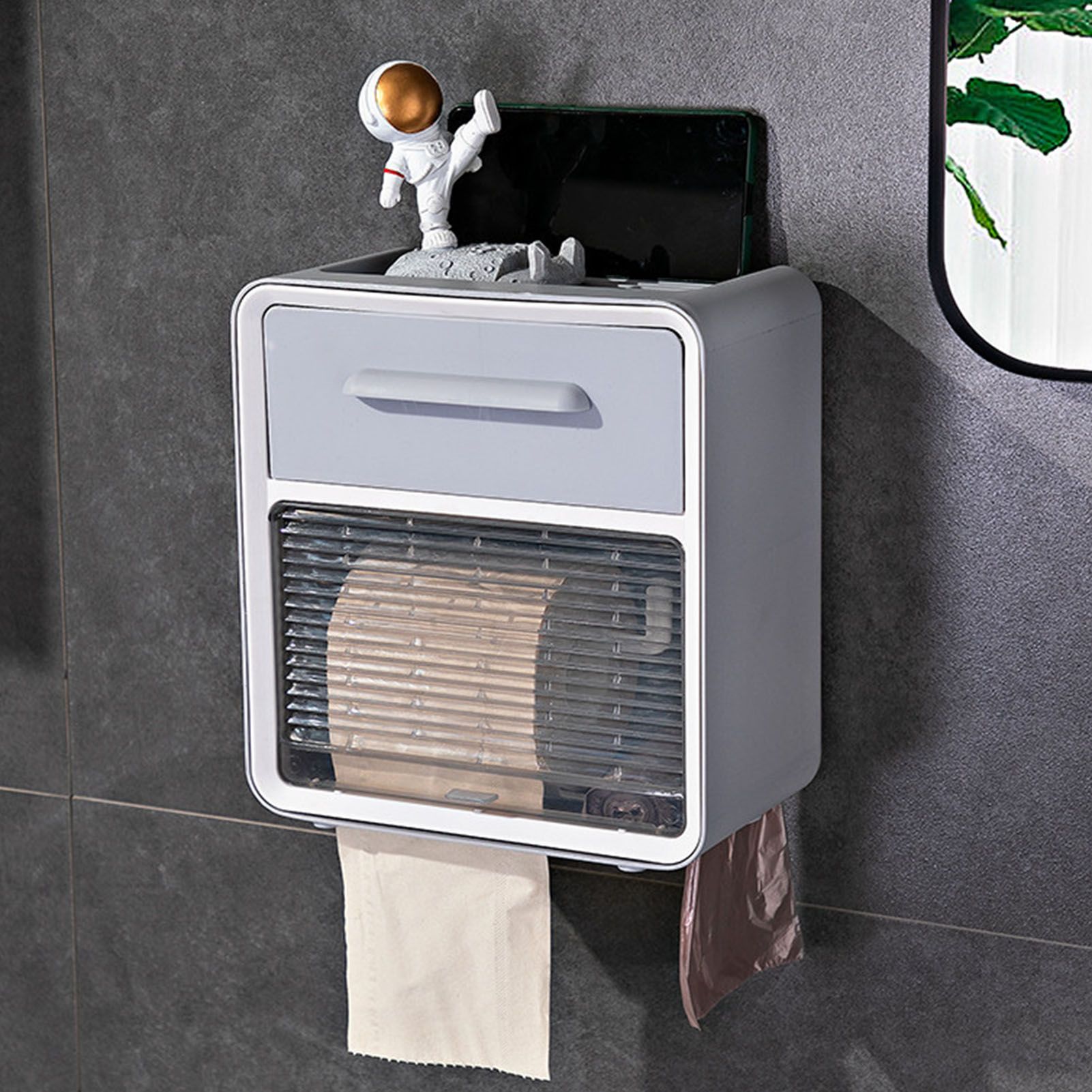 Toilet Paper Holder Wall Mount Waterproof Storage Box PP with Drawer for Bathroom Grey - Image 5