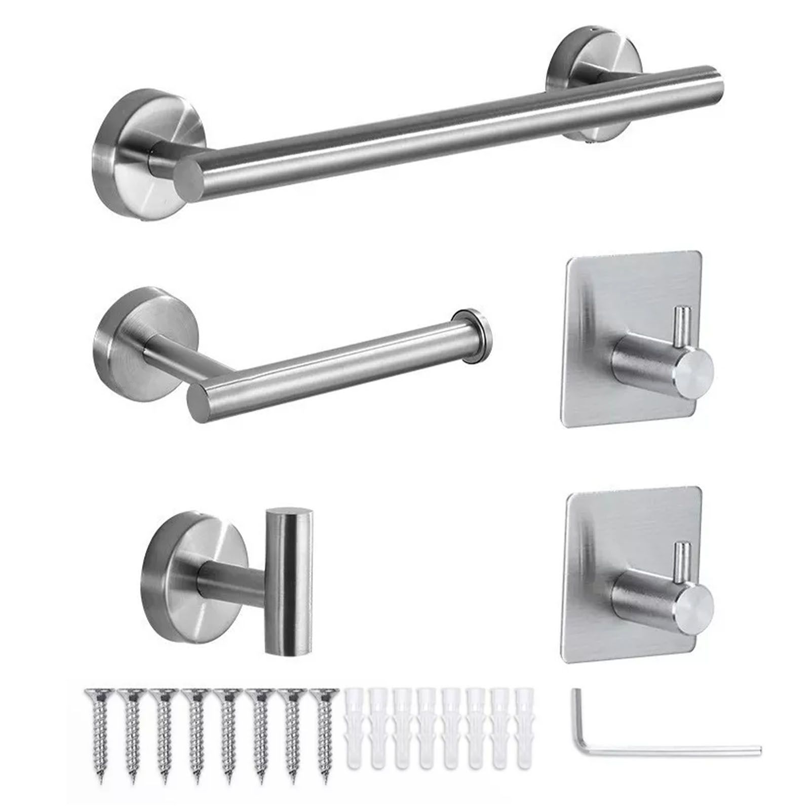 5 Pieces Bathroom Hardware Accessories Set Towel Rack Paper Holder Hook Adhesive Hook Multifunction Bathroom Set Silver - Image 1