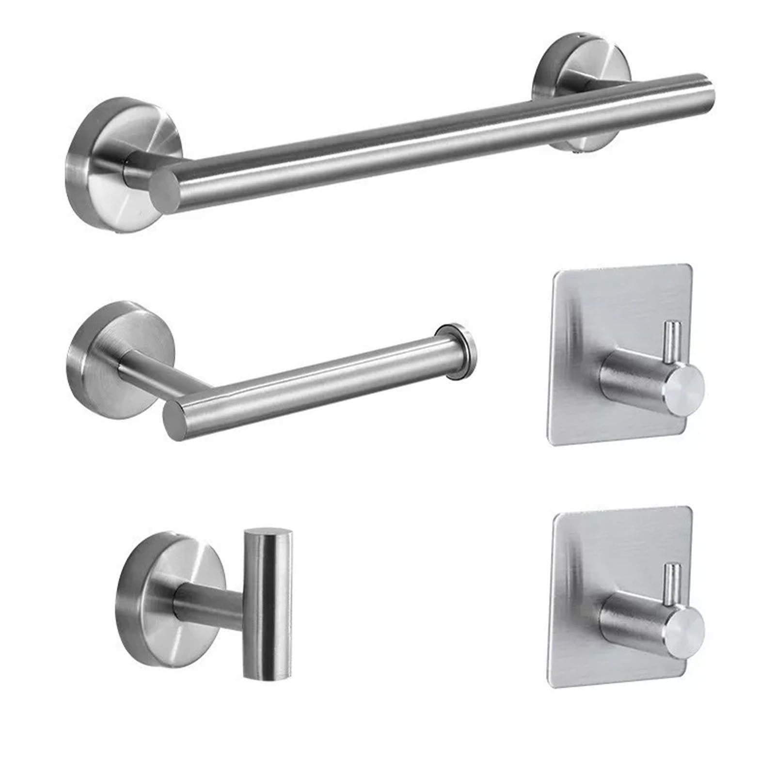 5 Pieces Bathroom Hardware Accessories Set Towel Rack Paper Holder Hook Adhesive Hook Multifunction Bathroom Set Silver - Image 3