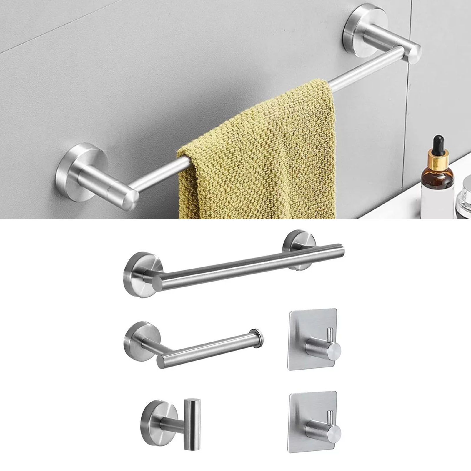 5 Pieces Bathroom Hardware Accessories Set Towel Rack Paper Holder Hook Adhesive Hook Multifunction Bathroom Set Silver - Image 5