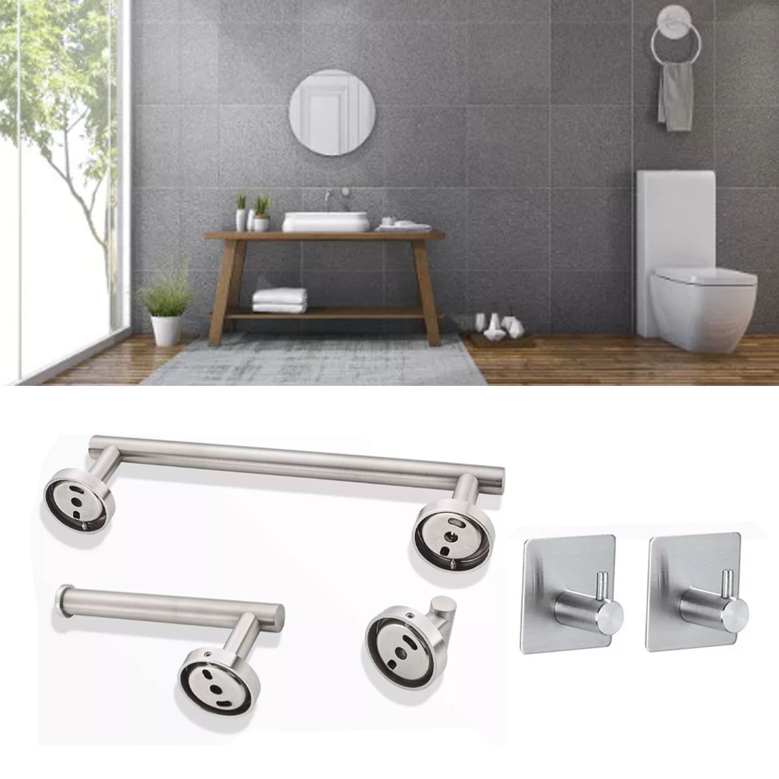 5 Pieces Bathroom Hardware Accessories Set Towel Rack Paper Holder Hook Adhesive Hook Multifunction Bathroom Set Silver - Image 6