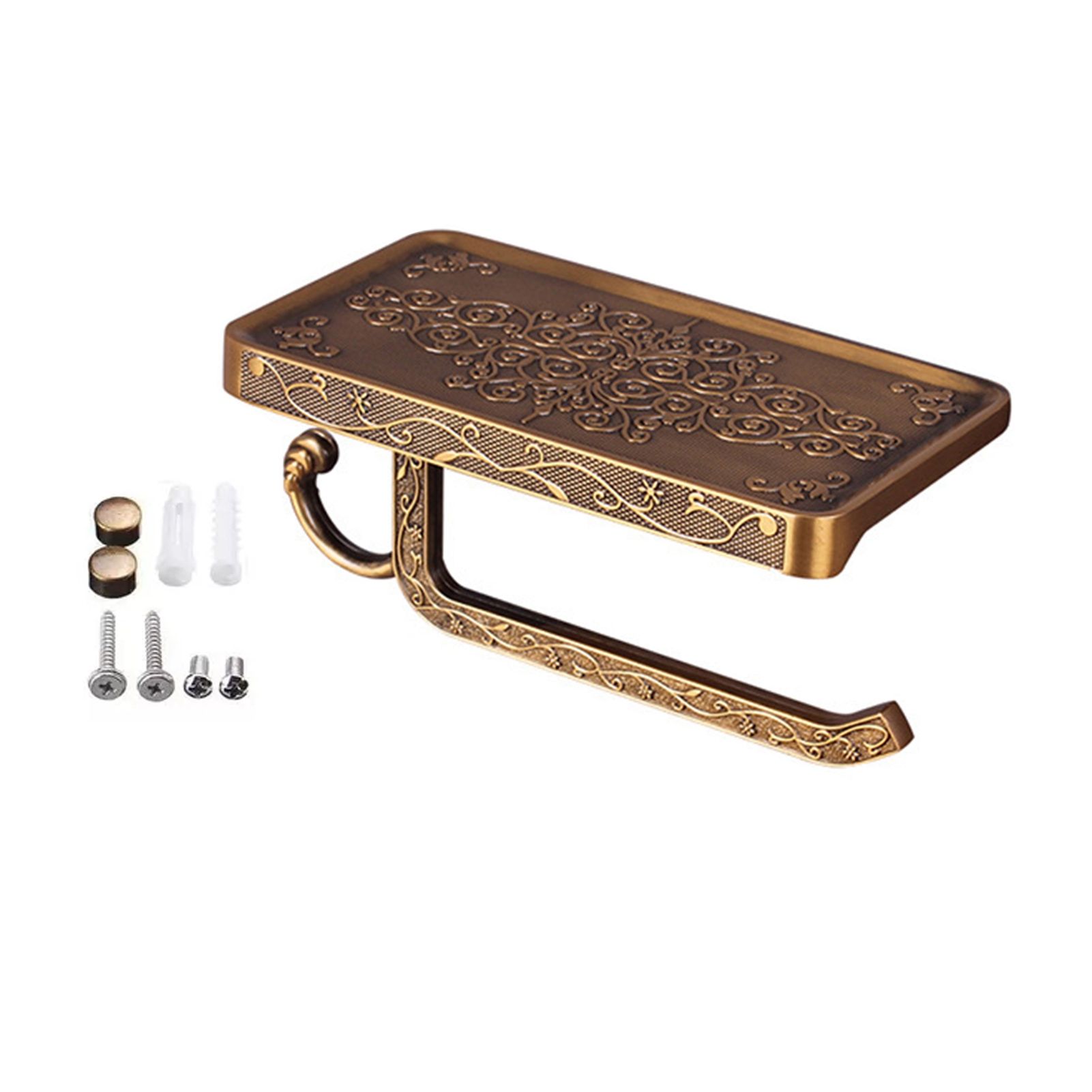 Black Paper Roll Rack with Phone Storage Shelf Aluminum Vintage Toilet Paper Towel Holder for Bathroom Gold - Image 1