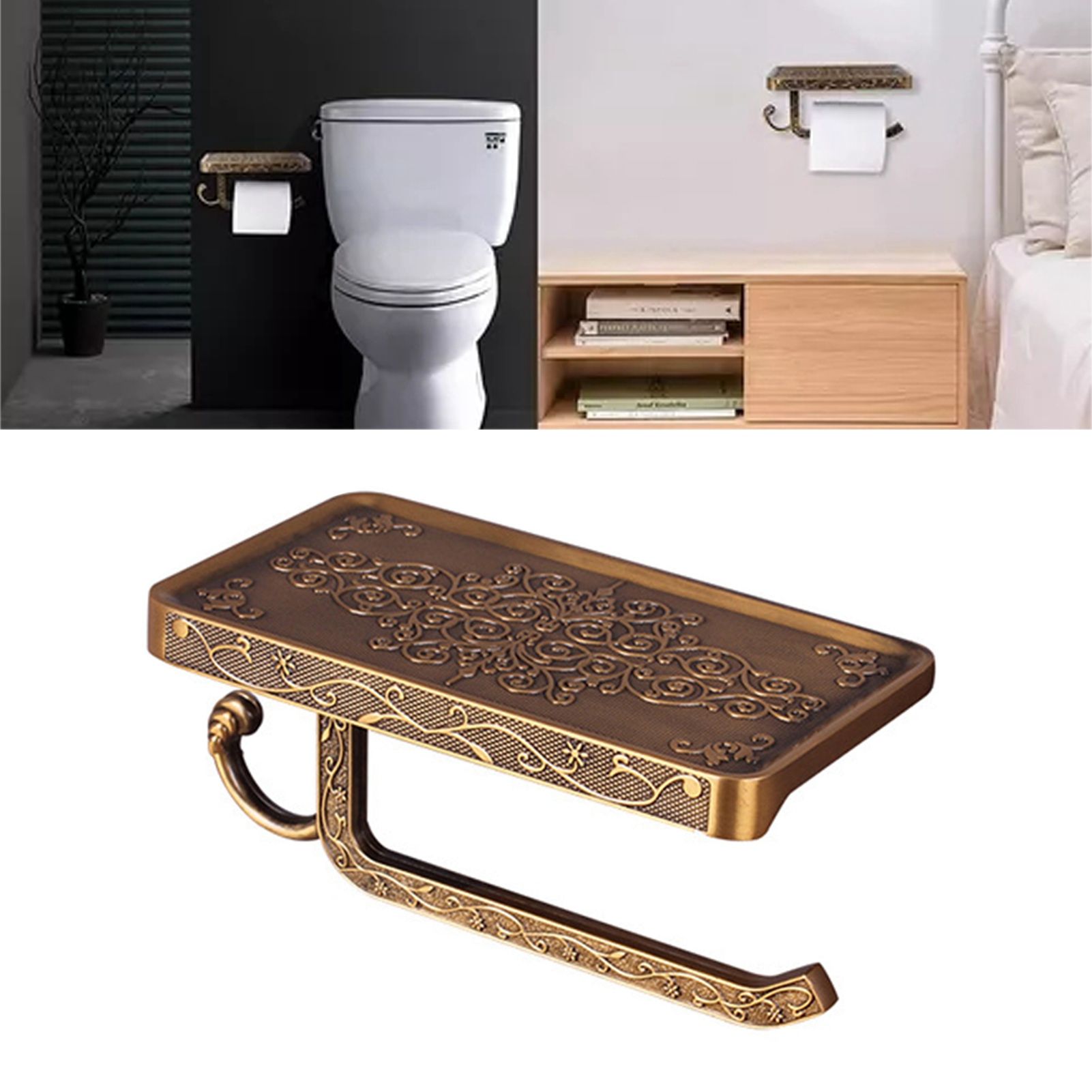 Black Paper Roll Rack with Phone Storage Shelf Aluminum Vintage Toilet Paper Towel Holder for Bathroom Gold - Image 5