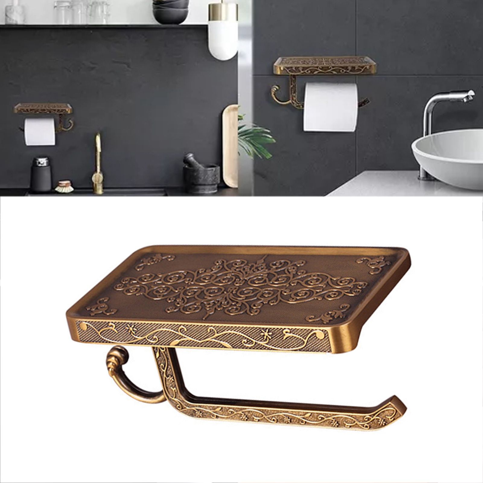 Black Paper Roll Rack with Phone Storage Shelf Aluminum Vintage Toilet Paper Towel Holder for Bathroom Gold - Image 6