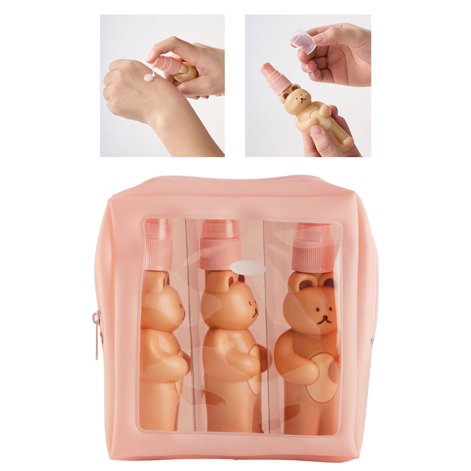 Travel Bottles Kit Cute Bear Look Delicate Easy Press Empty Spray Bottle with Waterproof Storage Bag for Business Trips 2 Press Bottle 1 Spray Bottle Free Size - Image 4