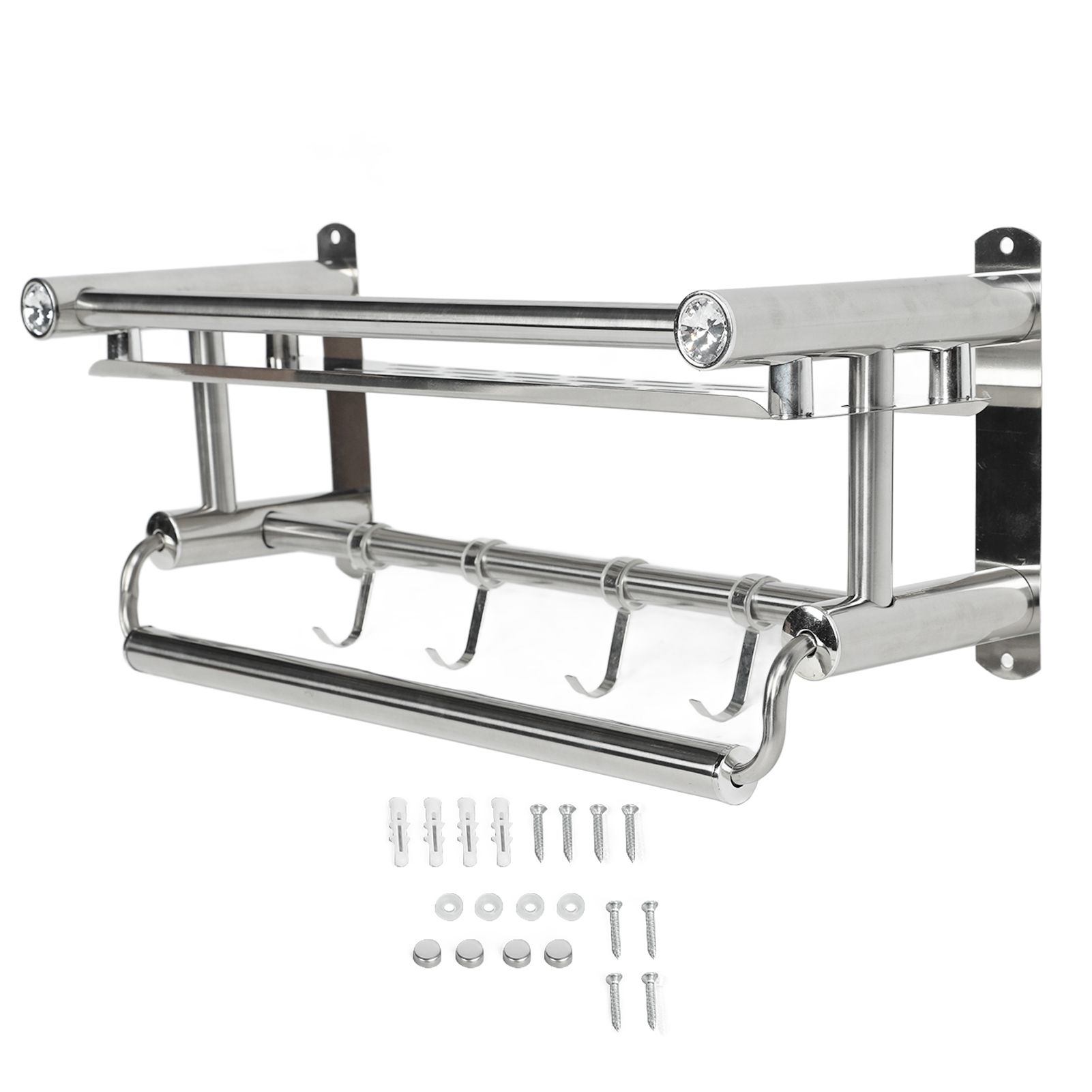 15.7in Bathroom Shelf Wall Mounted 201 Stainless Steel Waterproof Corrosion Prevention Towel Rack with Hooks for Shower - Image 1