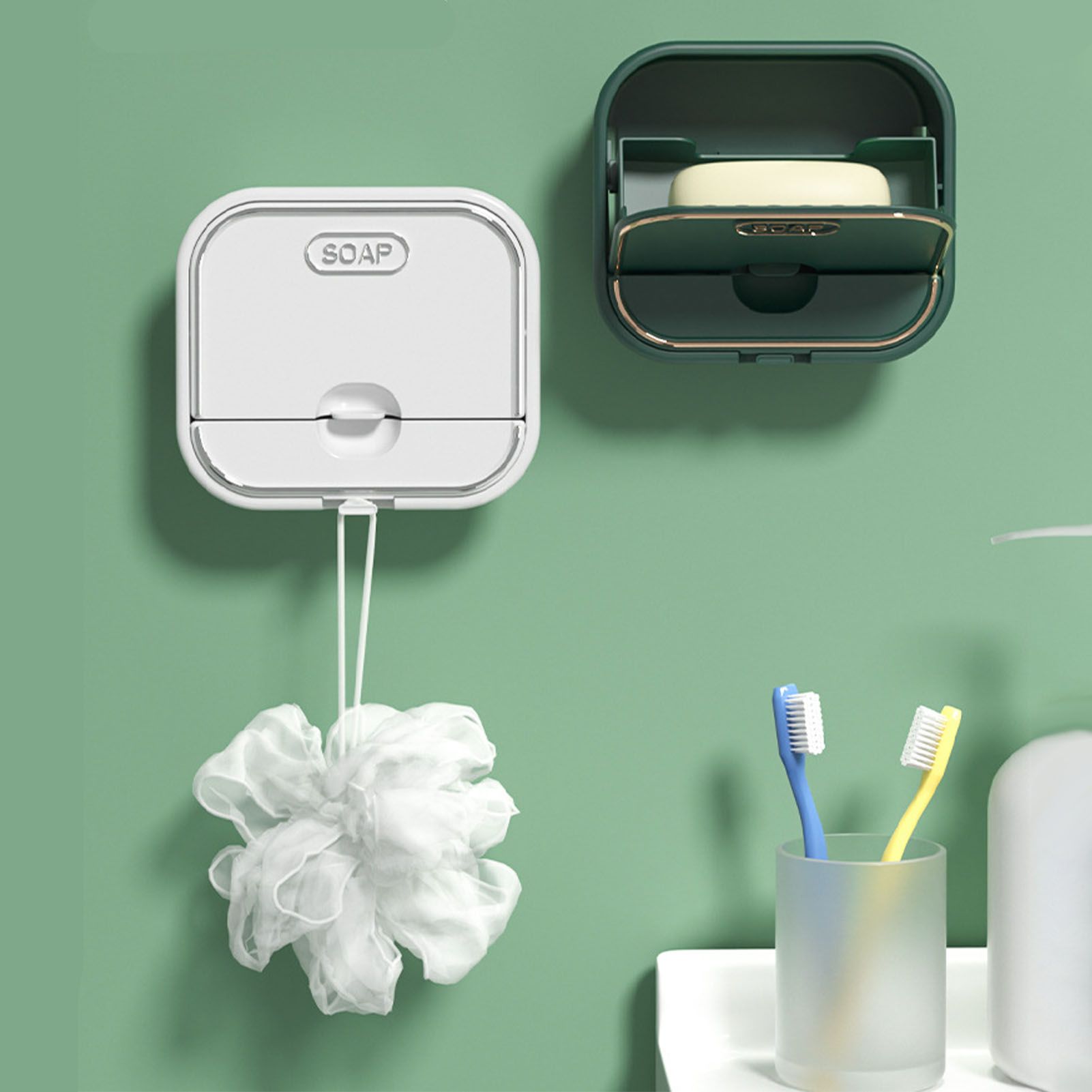 Home Soap Box Non Perforated Wall Mounted Draining Soap Box Flip Cover Bathroom Soap Box Dark Green - Image 5